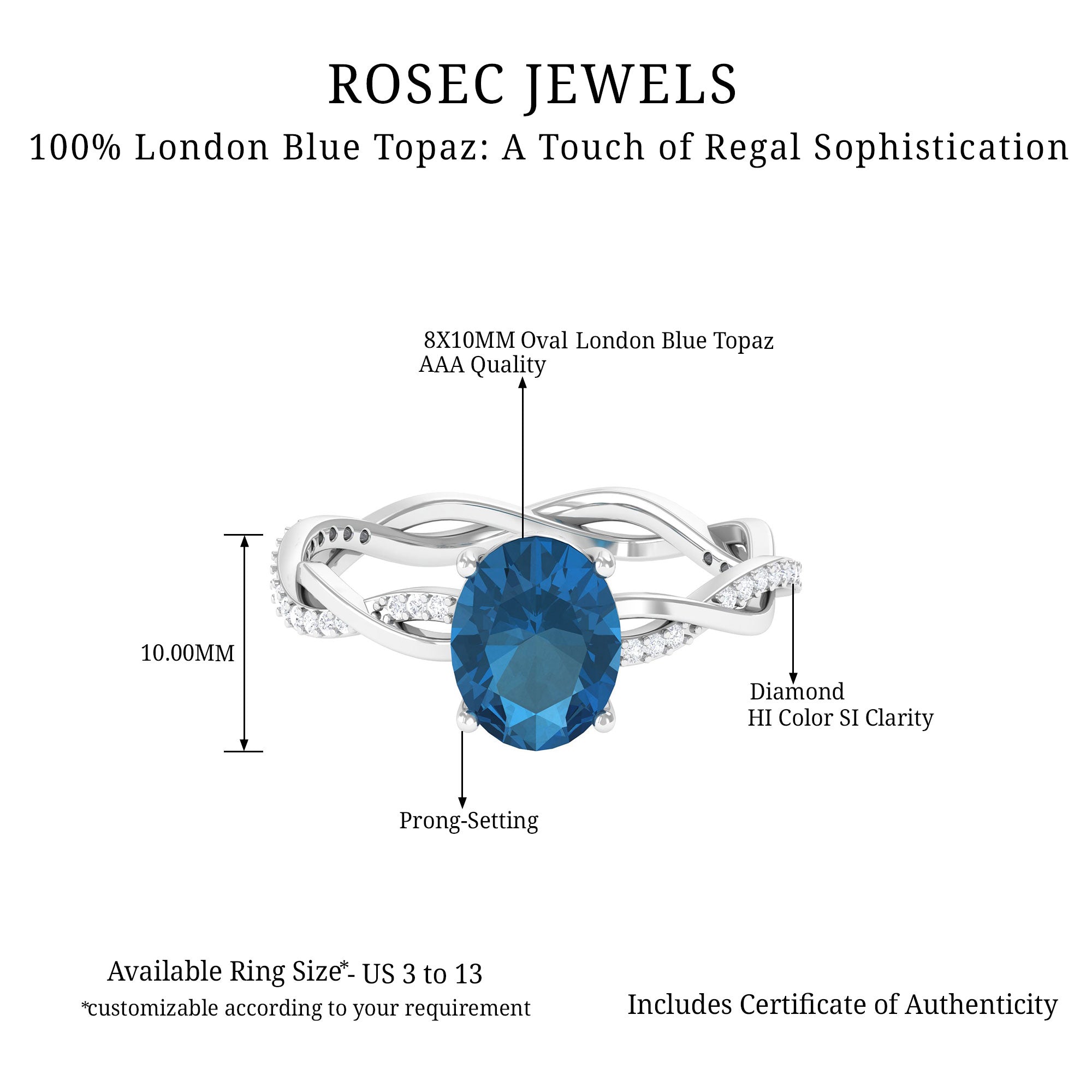 Oval Cut Solitaire London Blue Topaz Braided Engagement Ring with Diamond London Blue Topaz - ( AAA ) - Quality - Rosec Jewels