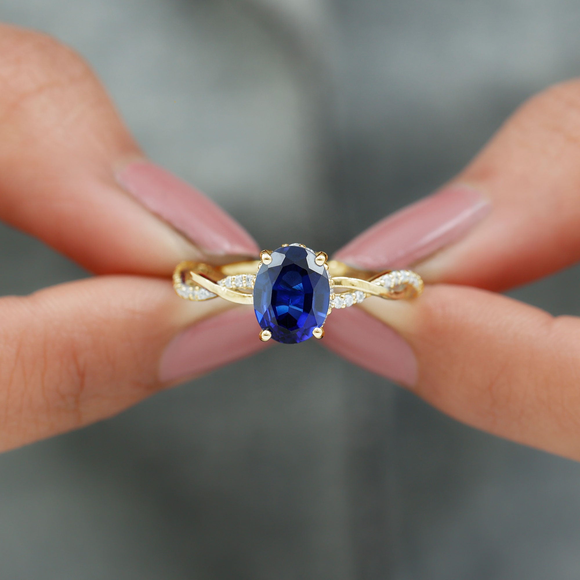 Oval Lab Grown Blue Sapphire Solitaire Braided Ring with Diamond Lab Created Blue Sapphire - ( AAAA ) - Quality - Rosec Jewels