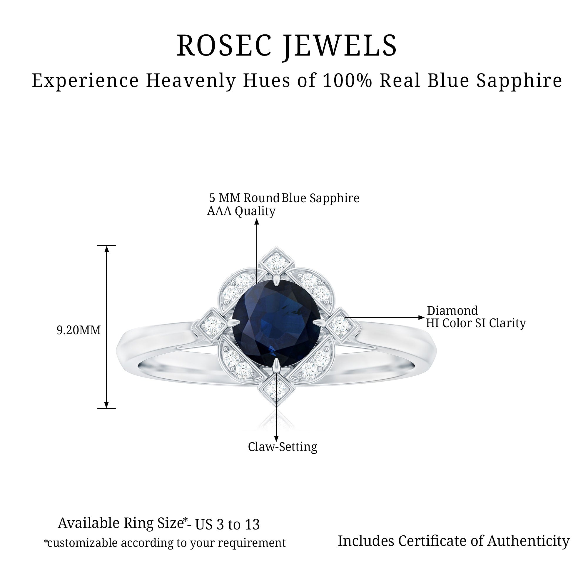 1 CT Vintage Blue Sapphire and Diamond Engagement Ring Blue Sapphire - ( AAA ) - Quality - Rosec Jewels