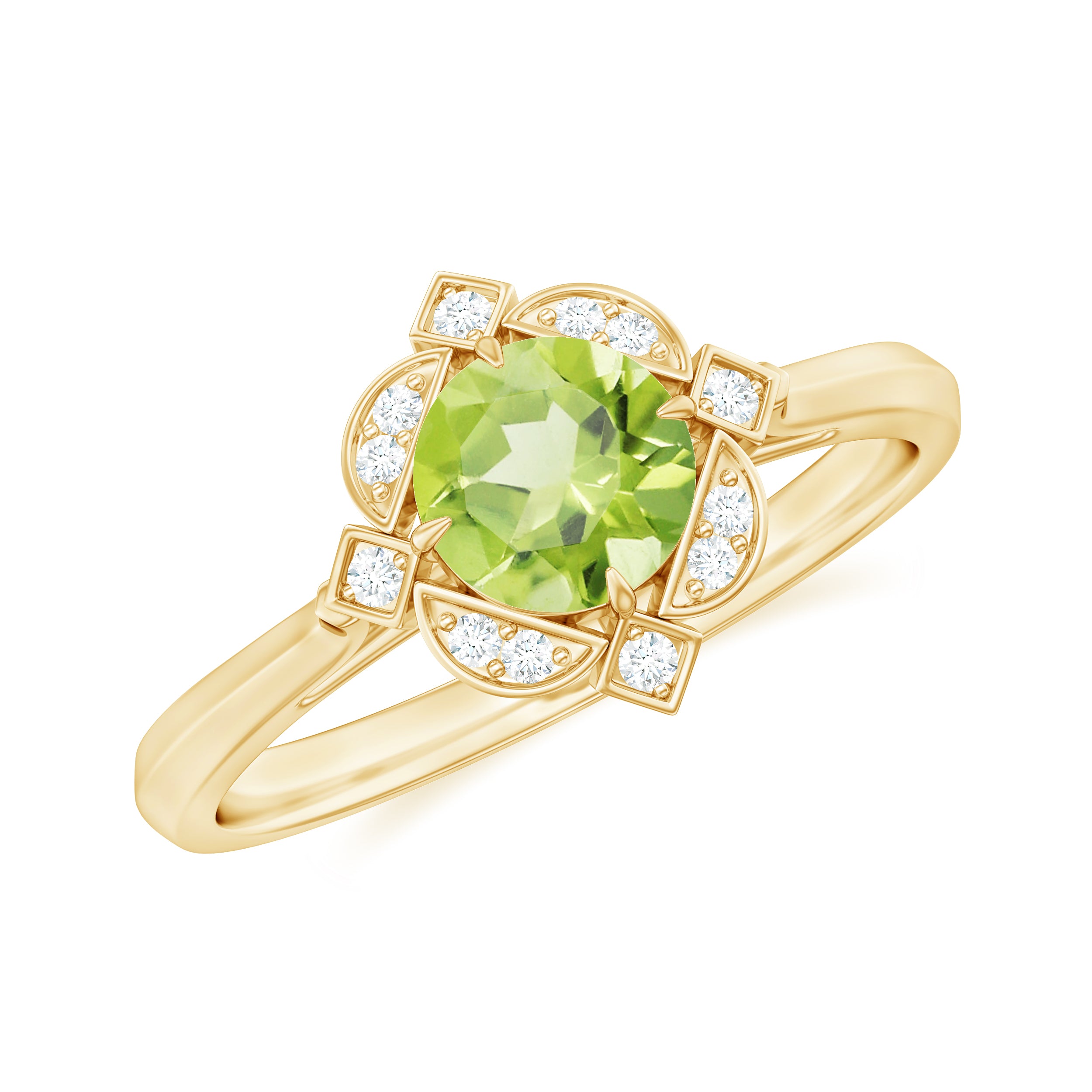 Vintage Inspired Round Peridot and Diamond Engagement Ring Peridot - ( AAA ) - Quality - Rosec Jewels