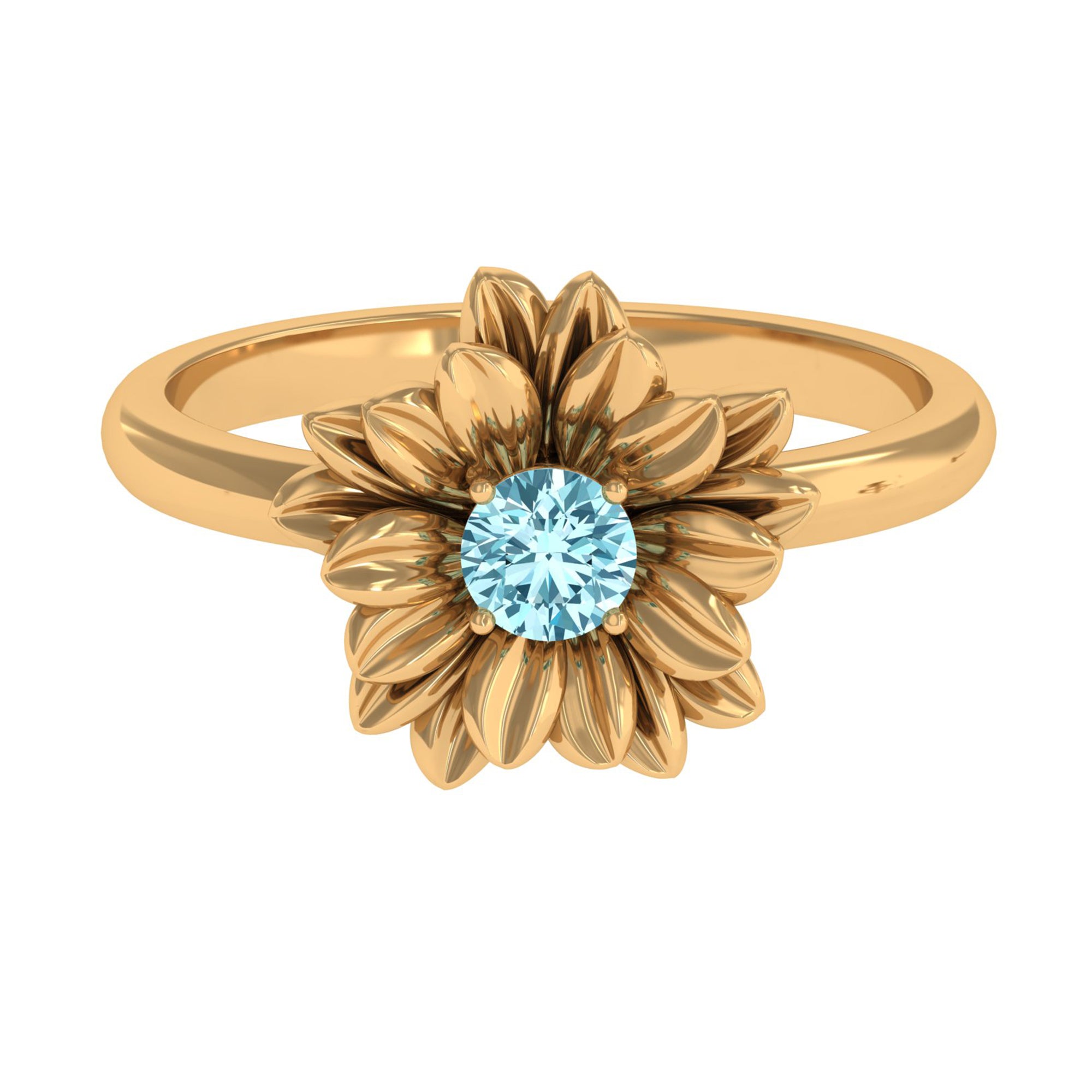 1/4 CT Round Cut Real Aquamarine and Gold Flower Ring Aquamarine - ( AAA ) - Quality - Rosec Jewels