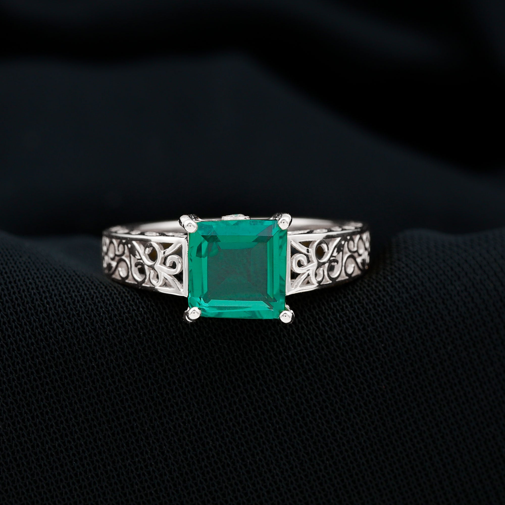 Princess Cut Lab Grown Emerald Filigree Ring with Surprise Diamond Lab Created Emerald - ( AAAA ) - Quality - Rosec Jewels