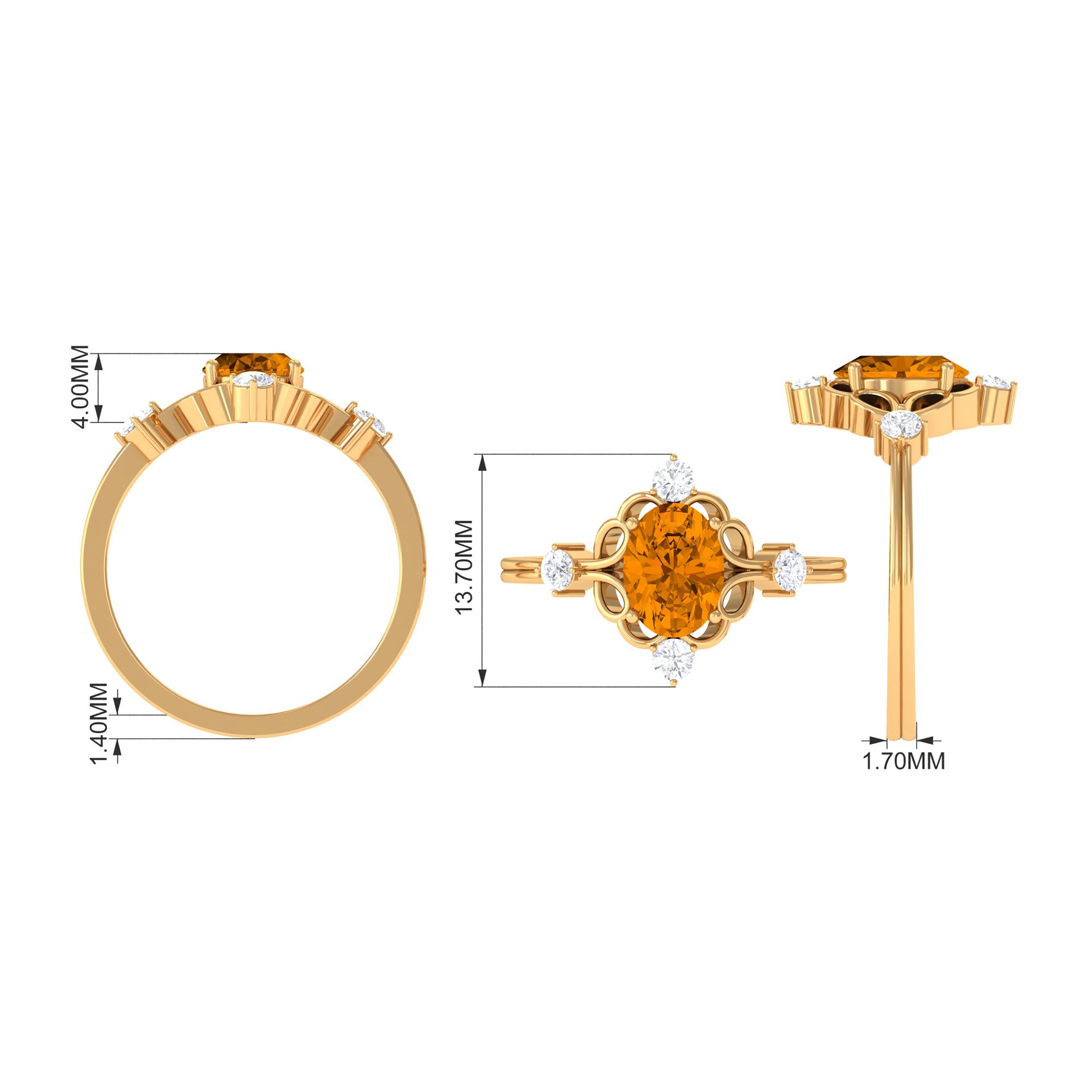 Oval Citrine Cocktail Ring with Diamond Citrine - ( AAA ) - Quality - Rosec Jewels