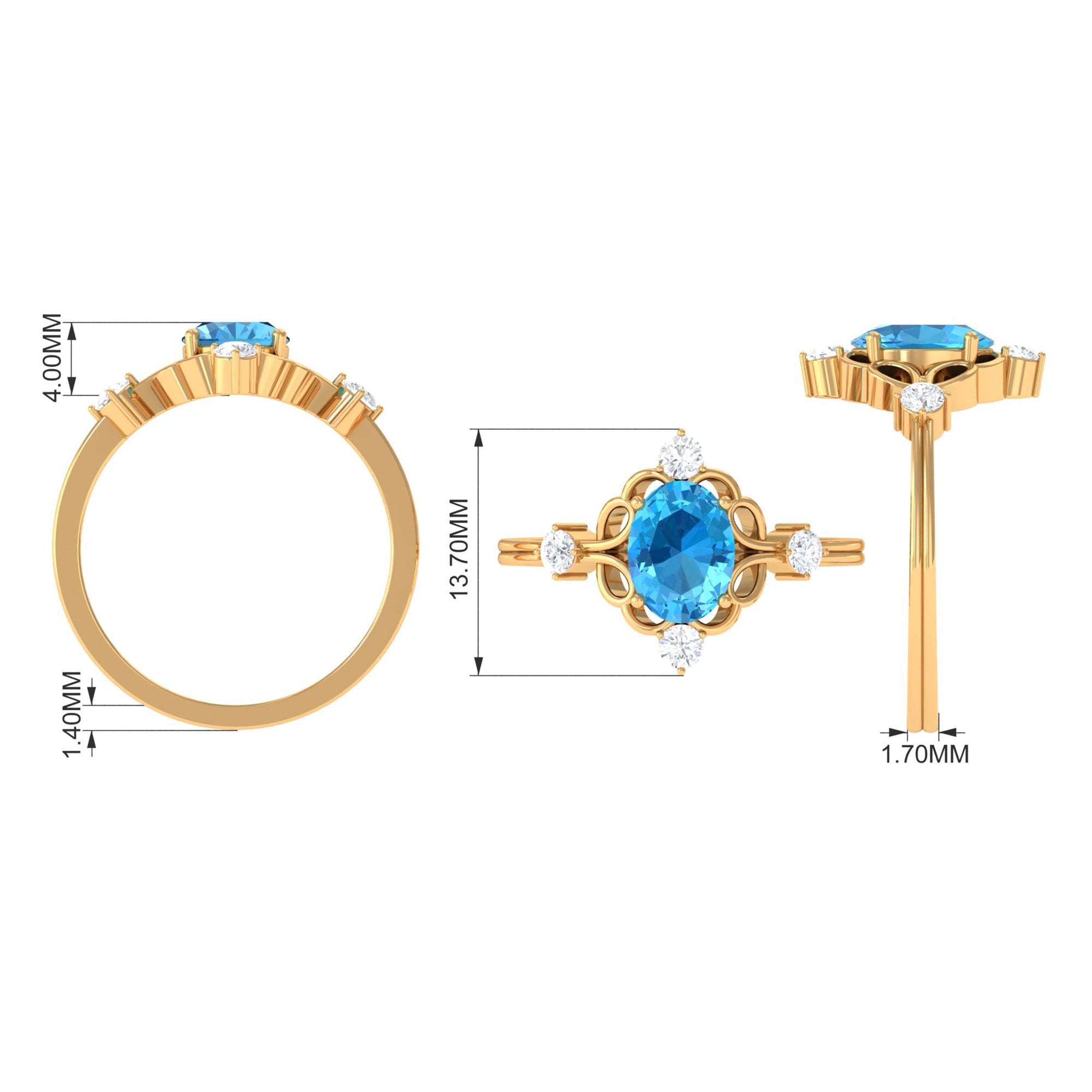 Oval Swiss Blue Topaz Cocktail Ring with Diamond Swiss Blue Topaz - ( AAA ) - Quality - Rosec Jewels