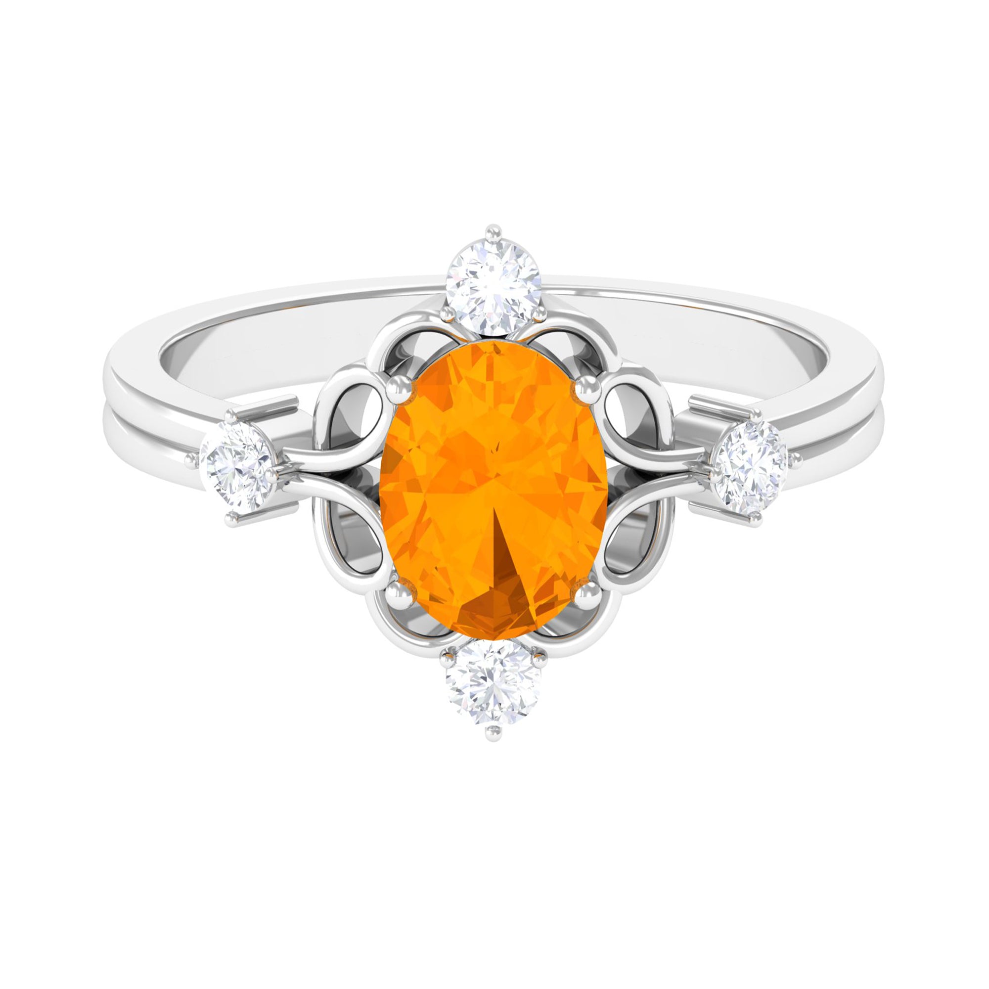 Oval Fire Opal Cocktail Ring with Diamond Fire Opal - ( AAA ) - Quality - Rosec Jewels