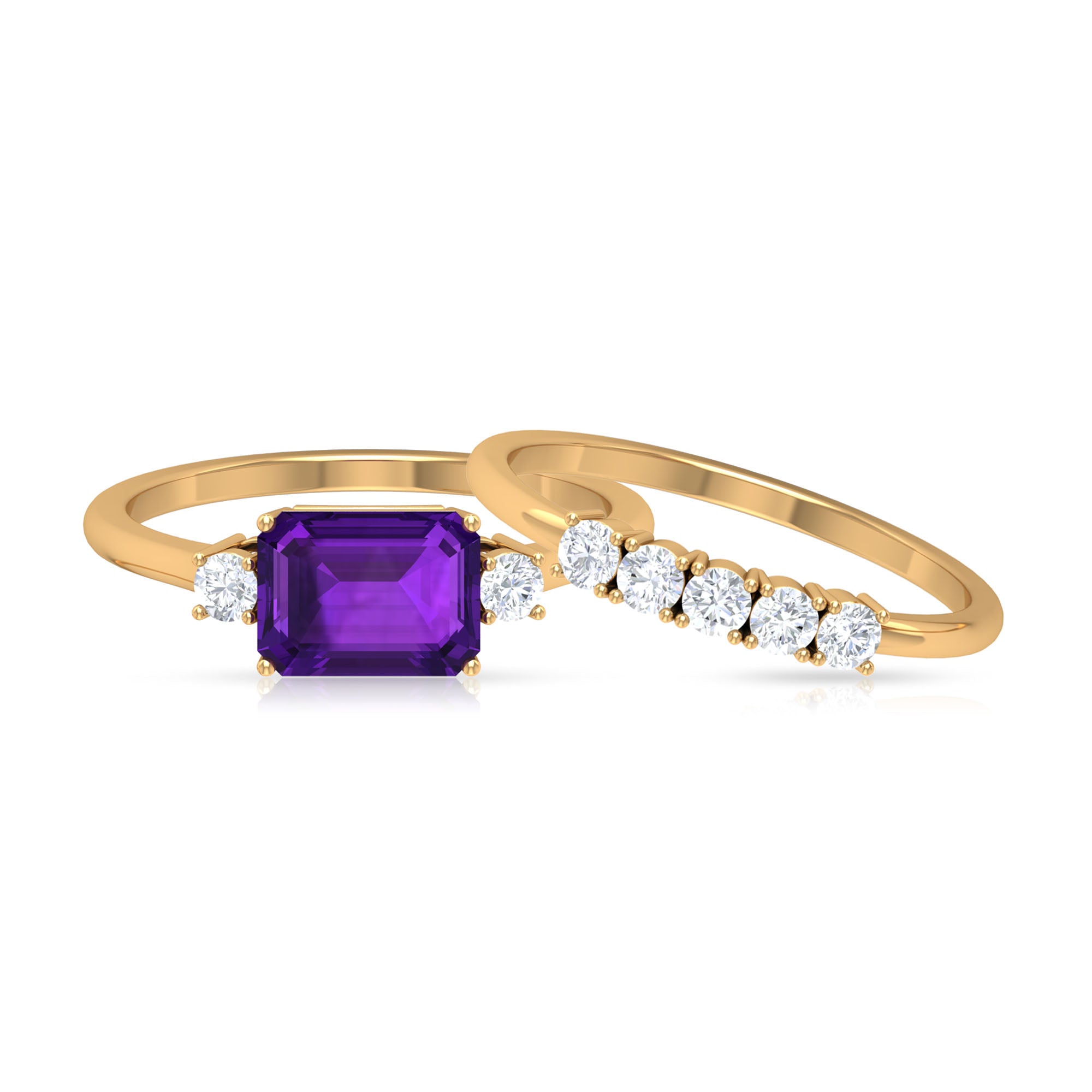 Octagon Cut Amethyst Contemporary Wedding Ring Set with Diamond Amethyst - ( AAA ) - Quality - Rosec Jewels