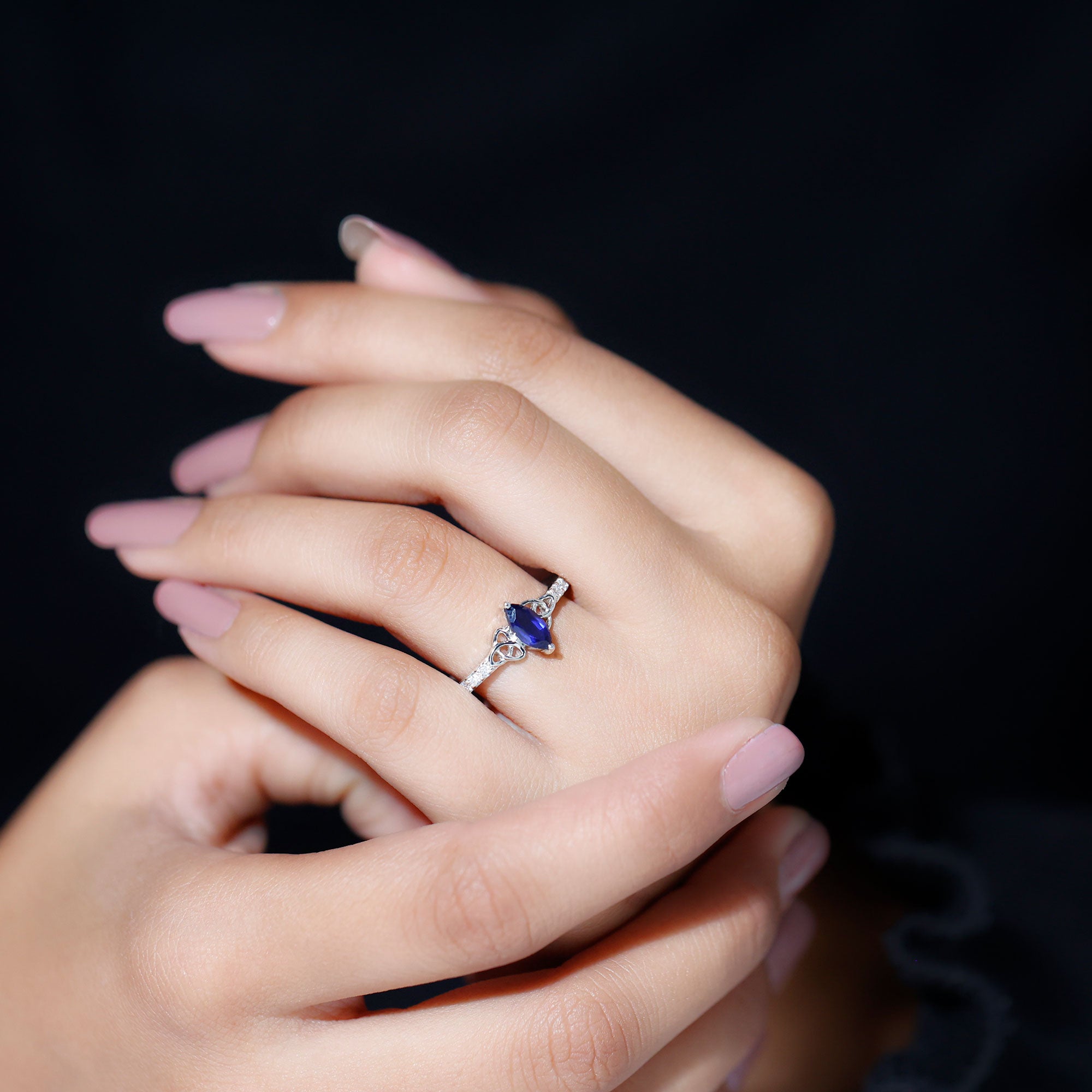 Marquise Cut Solitaire Created Blue Sapphire Celtic Knot Ring with Diamond Lab Created Blue Sapphire - ( AAAA ) - Quality - Rosec Jewels