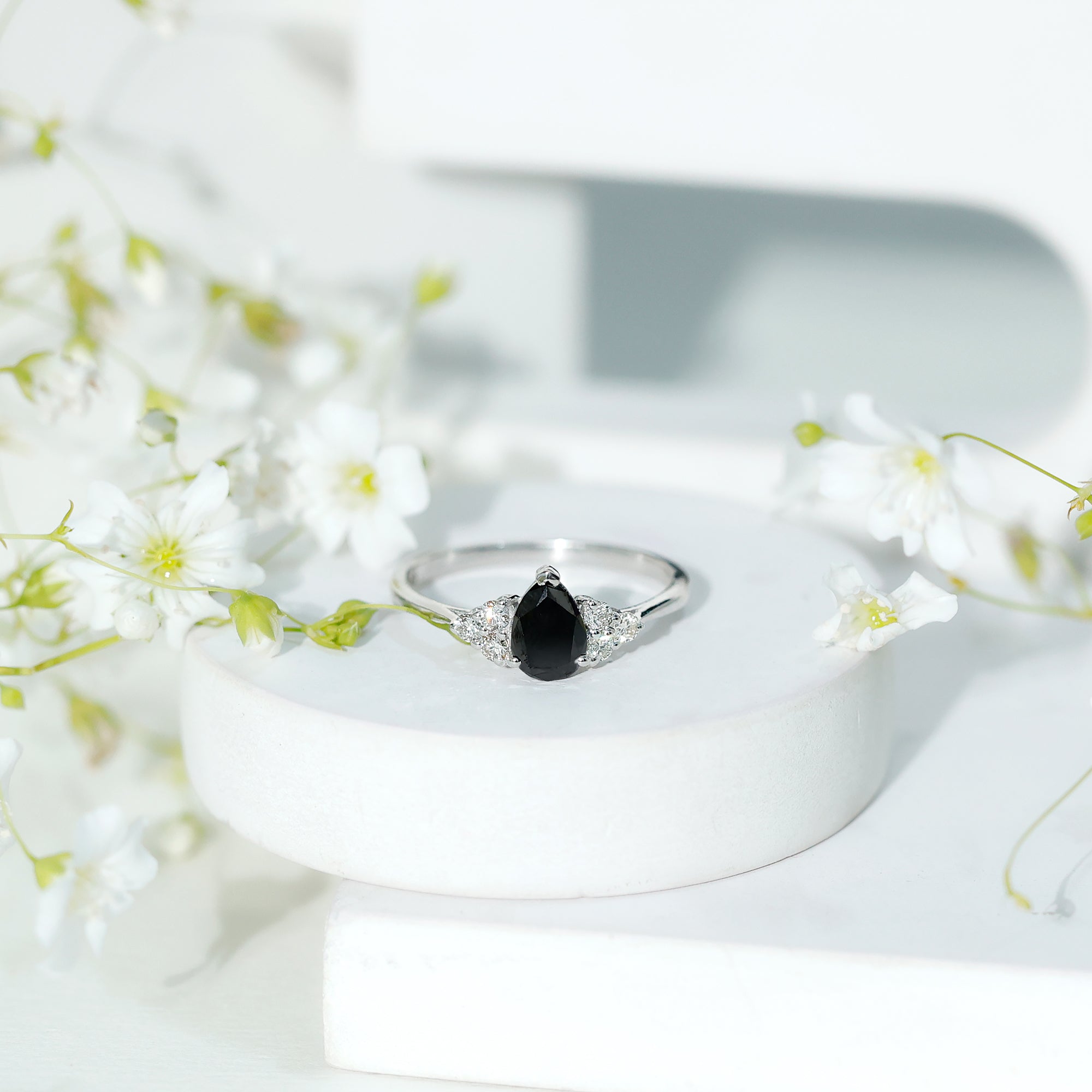 Pear Shaped Black Diamond and Diamond Solitaire Trio Ring Black Diamond AAA Quality 92.5 Sterling Silver