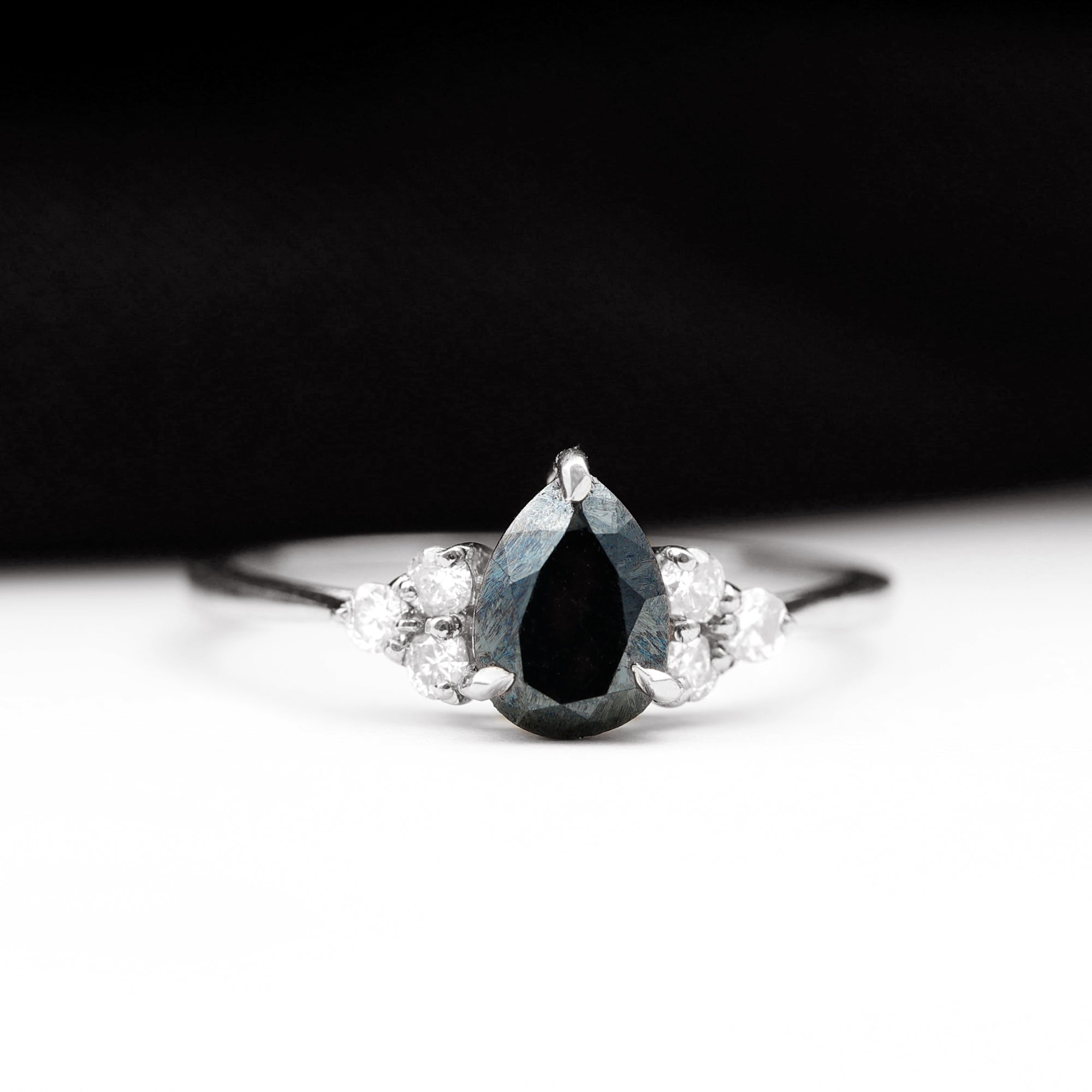 Pear Shaped Black Diamond and Diamond Solitaire Trio Ring Black Diamond AAA Quality 92.5 Sterling Silver