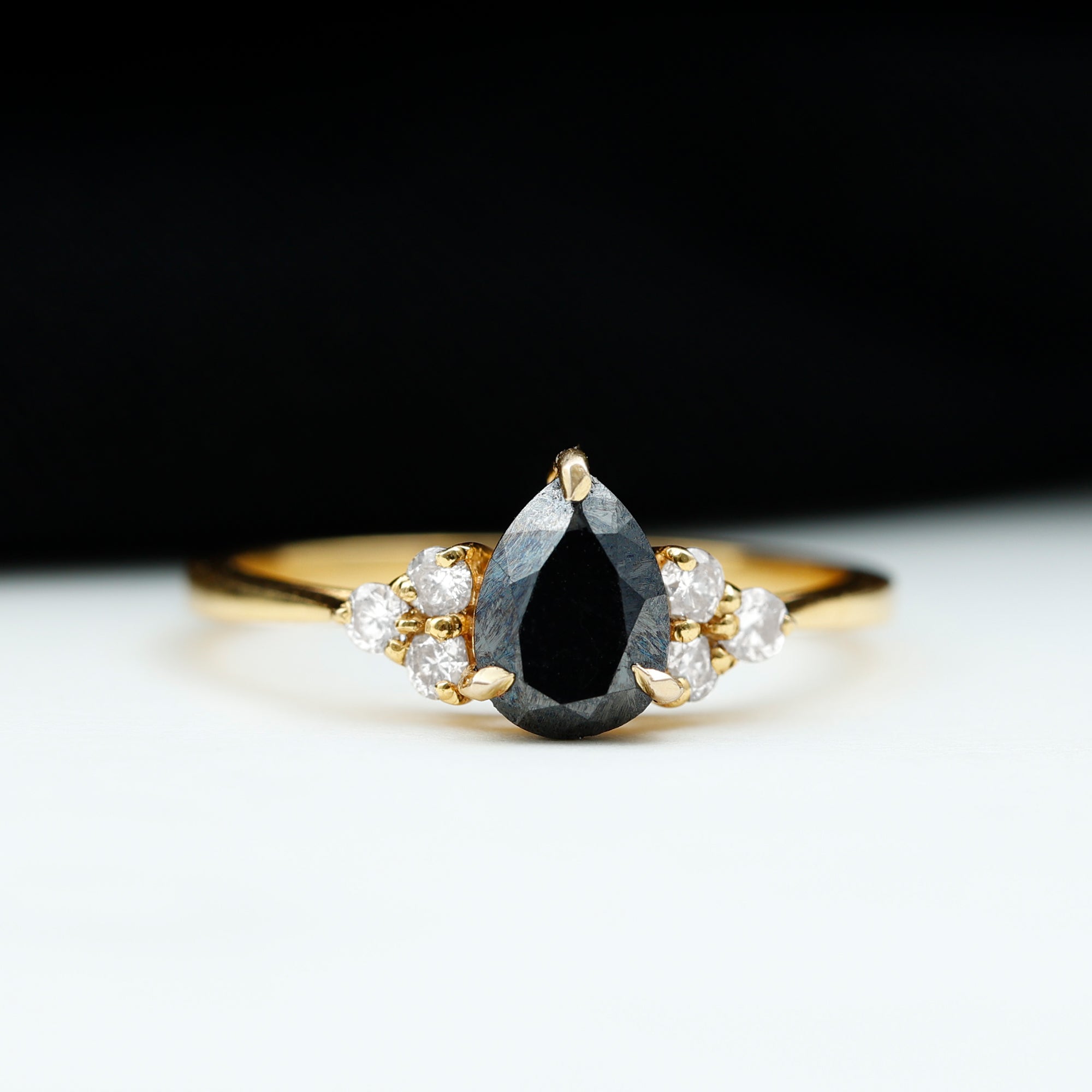 Pear Shaped Black Diamond and Diamond Solitaire Trio Ring Black Diamond - ( AAA ) - Quality - Rosec Jewels