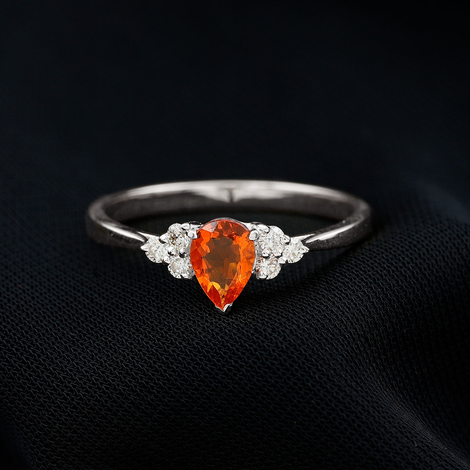 Pear Shaped Fire Opal Solitaire Ring with Diamond Trio Fire Opal - ( AAA ) - Quality - Rosec Jewels