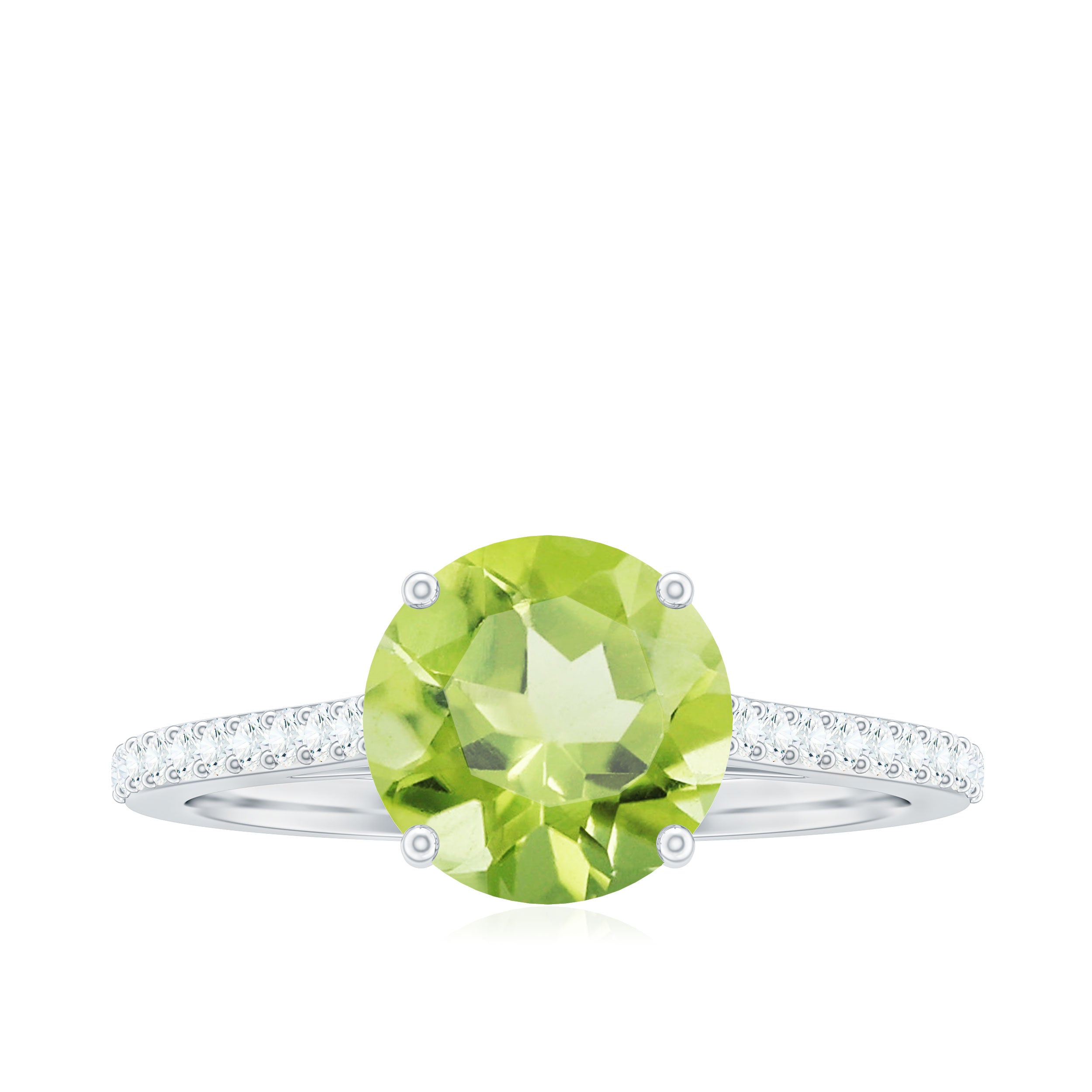 Round Peridot Solitaire Engagement Ring with Diamond Side Stones Peridot - ( AAA ) - Quality - Rosec Jewels