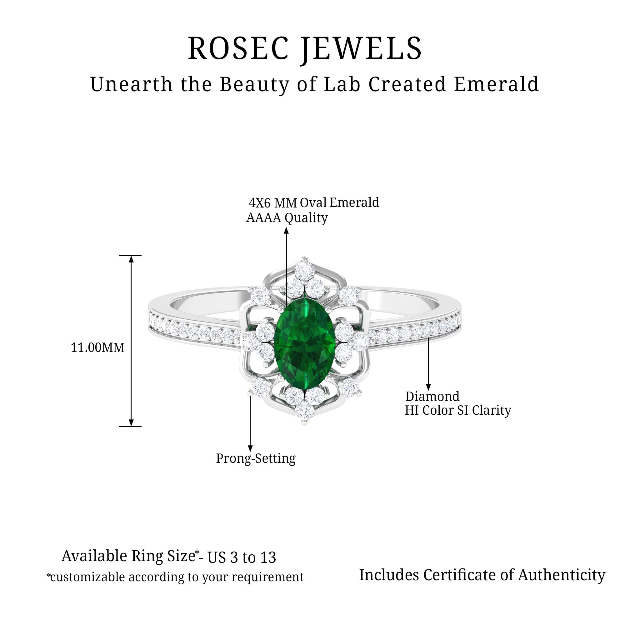 Vintage Style Lab Grown Emerald and Diamond Flower Engagement Ring Lab Created Emerald - ( AAAA ) - Quality - Rosec Jewels