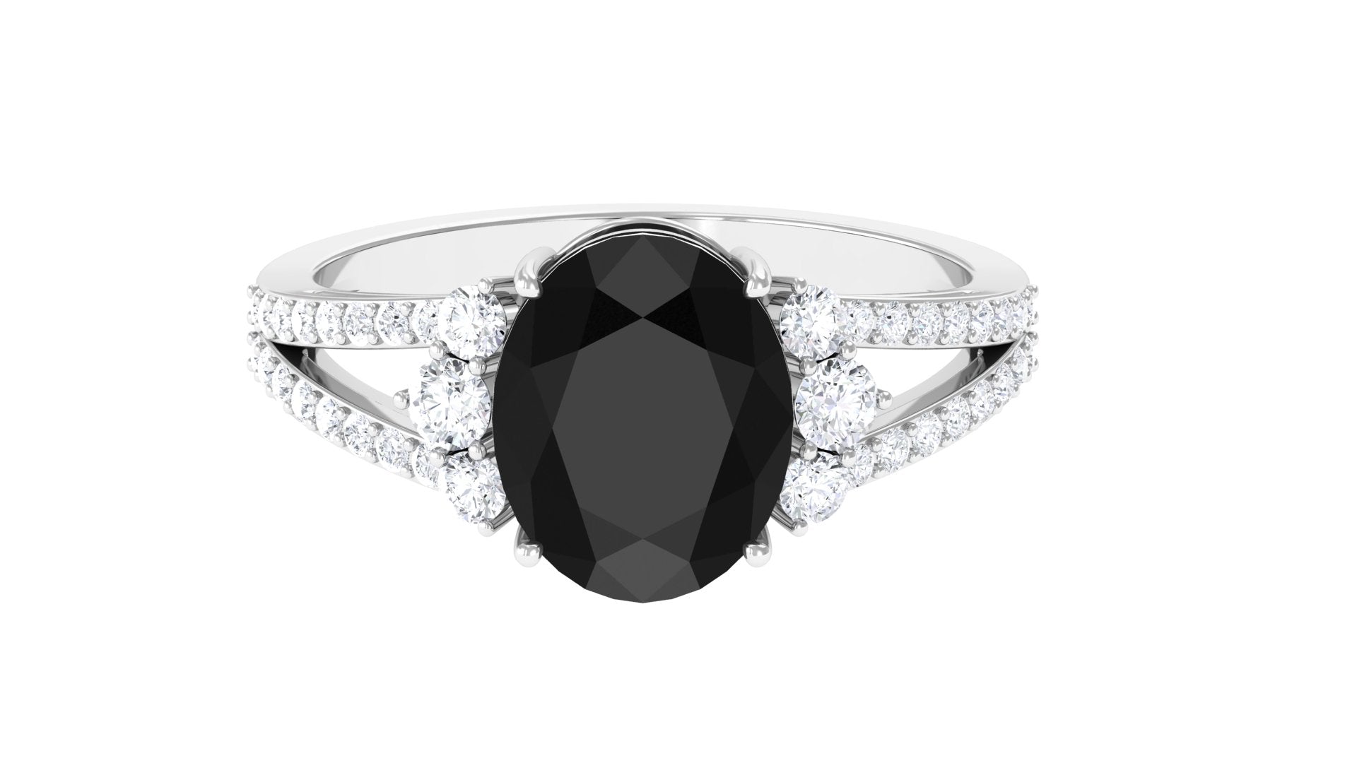 Oval Created Black Diamond Engagement Ring with Diamond Split Shank Lab Created Black Diamond - ( AAAA ) - Quality - Rosec Jewels