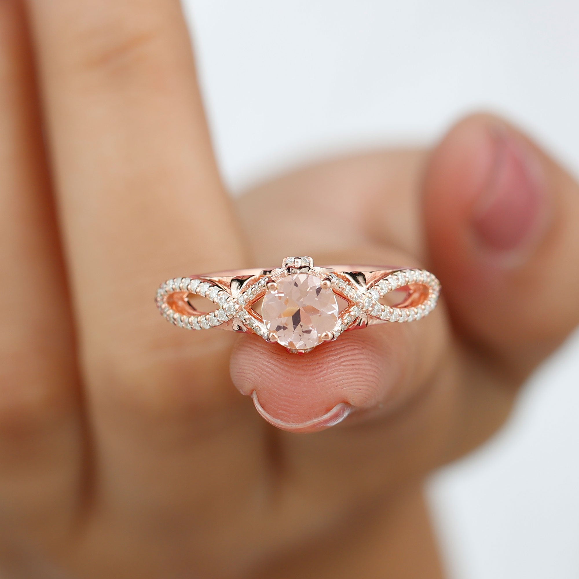 Designer Morganite and Diamond Crossover Engagement Ring Morganite - ( AAA ) - Quality - Rosec Jewels