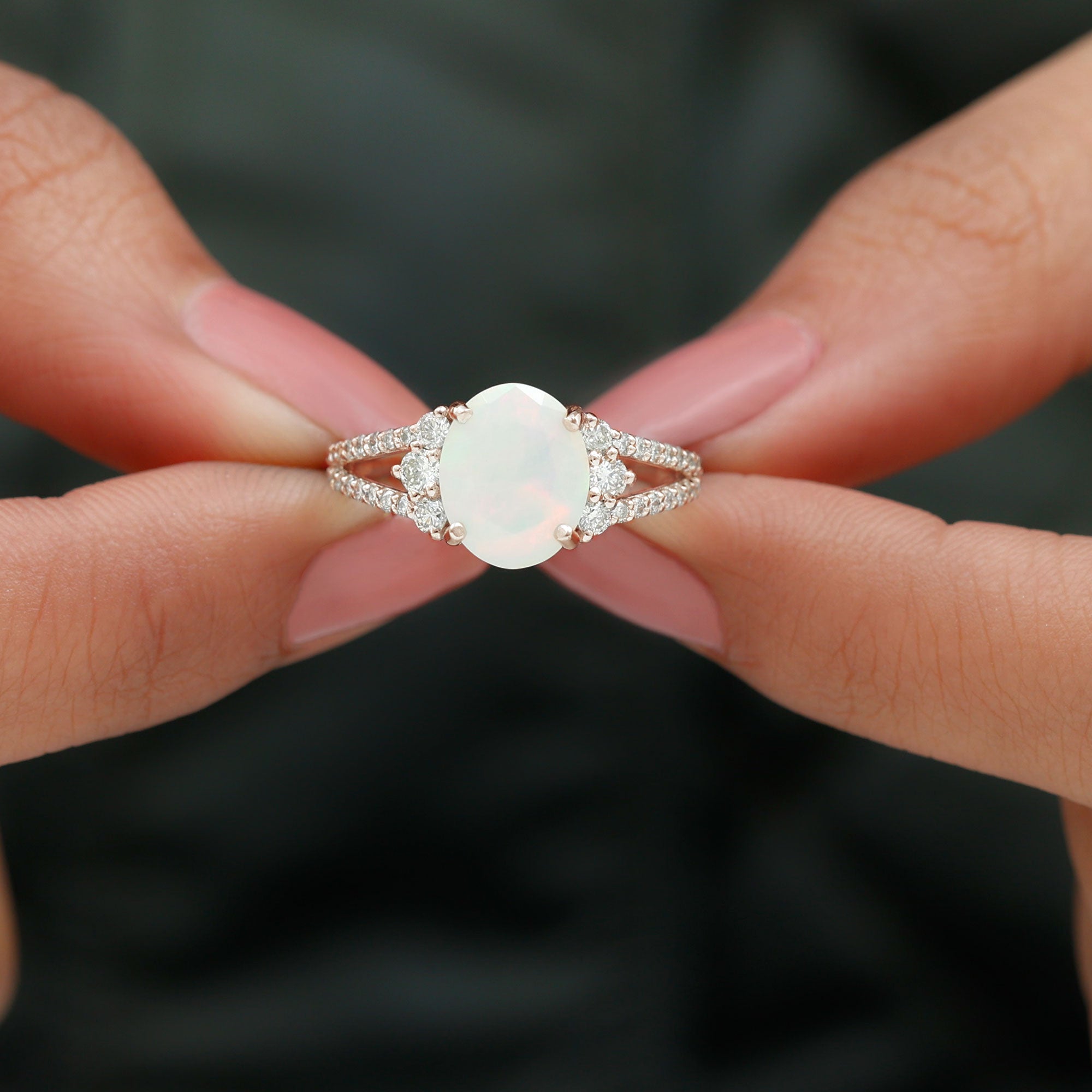 Oval Ethiopian Opal Engagement Ring with Diamond Split Shank Ethiopian Opal - ( AAA ) - Quality - Rosec Jewels