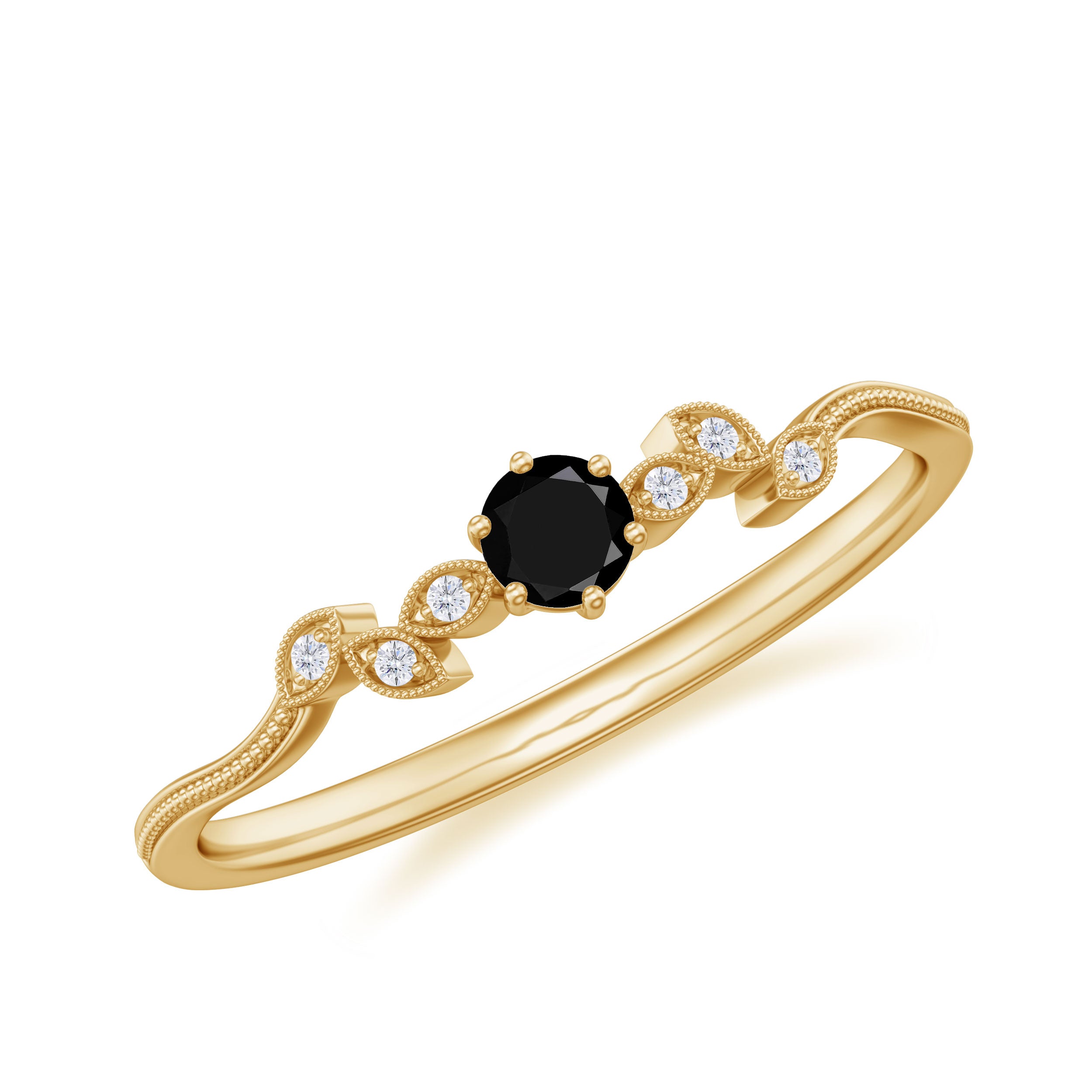 Round Black Onyx Minimal Leaf Promise Ring with Diamond in Gold Black Onyx - ( AAA ) - Quality - Rosec Jewels