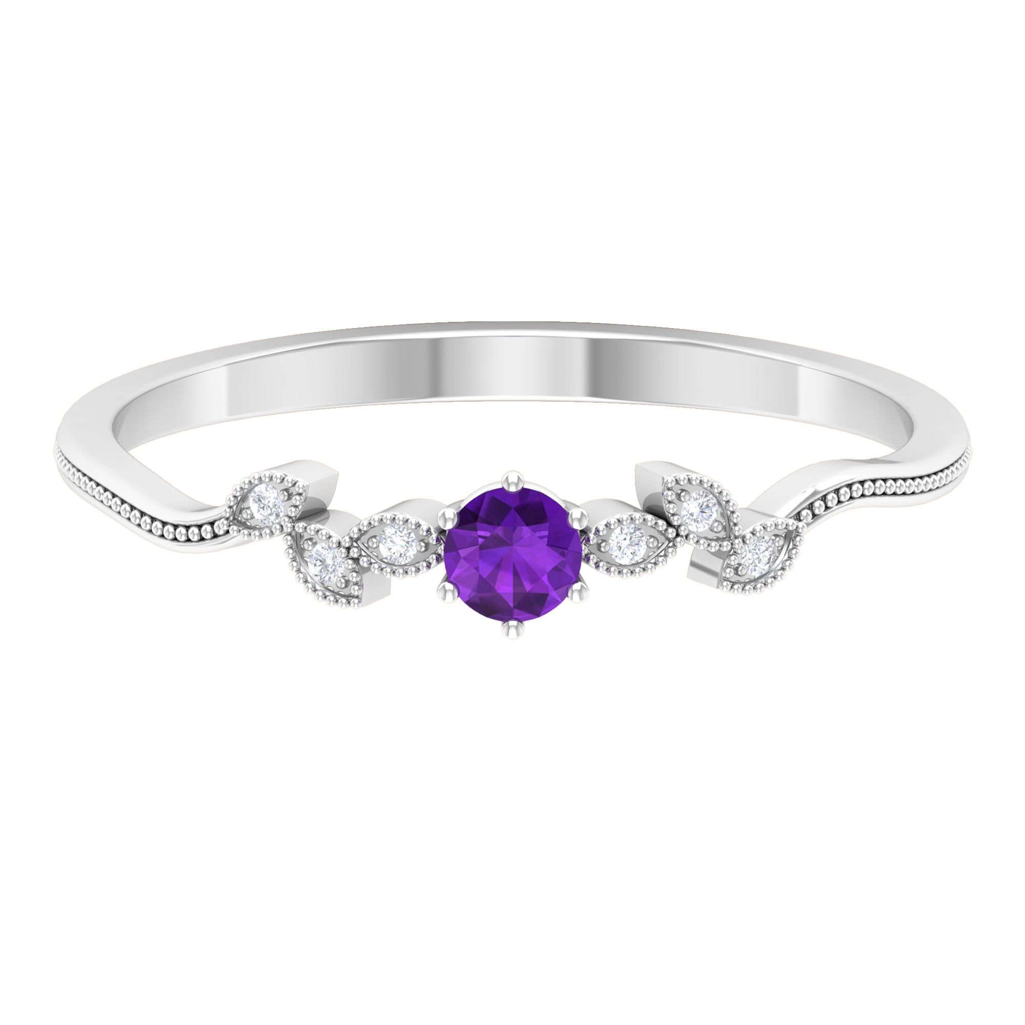 Amethyst and Diamond Leaf Branch Promise Ring Amethyst - ( AAA ) - Quality - Rosec Jewels