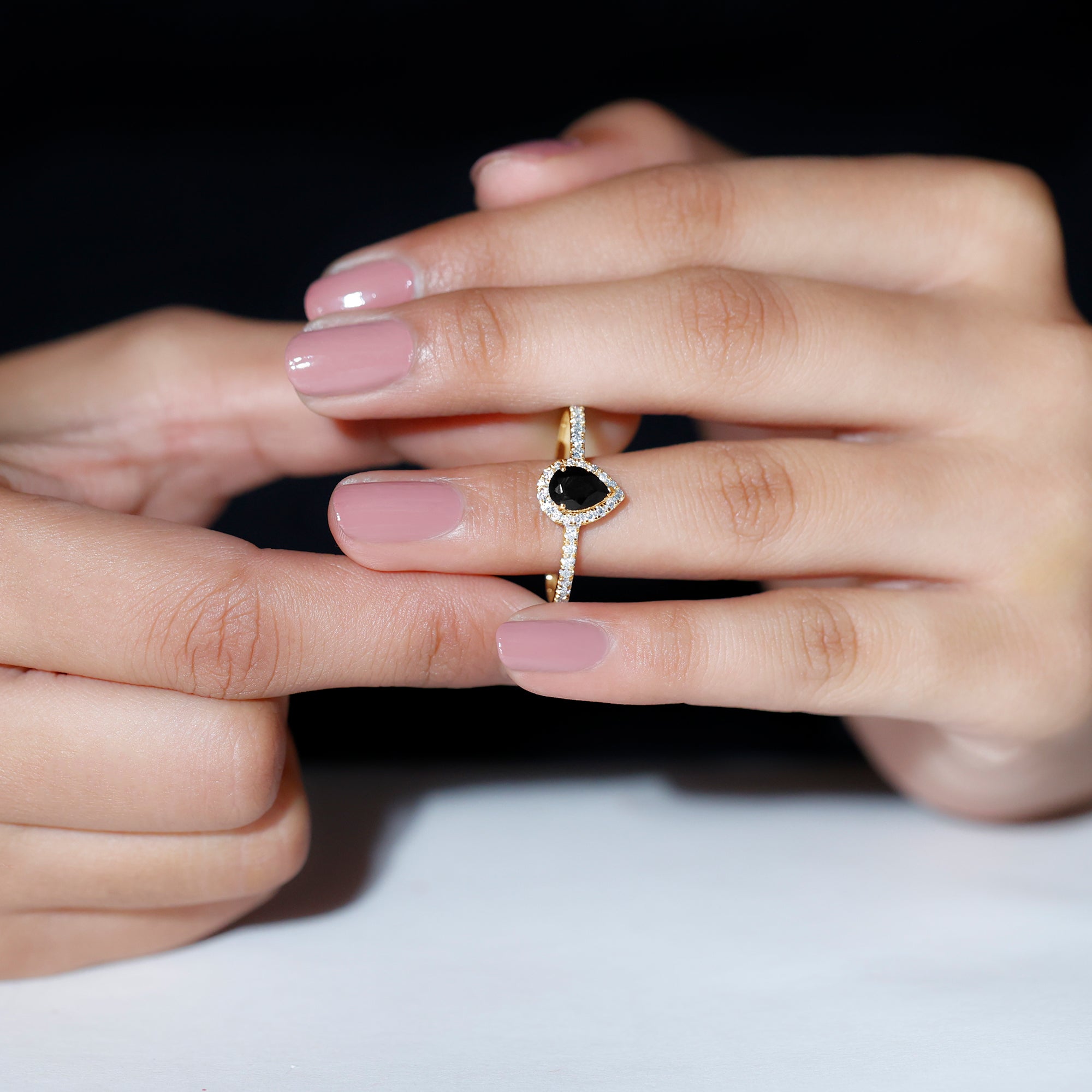 Genuine Black Onyx Teardrop Engagement Ring with Diamond Black Onyx - ( AAA ) - Quality - Rosec Jewels