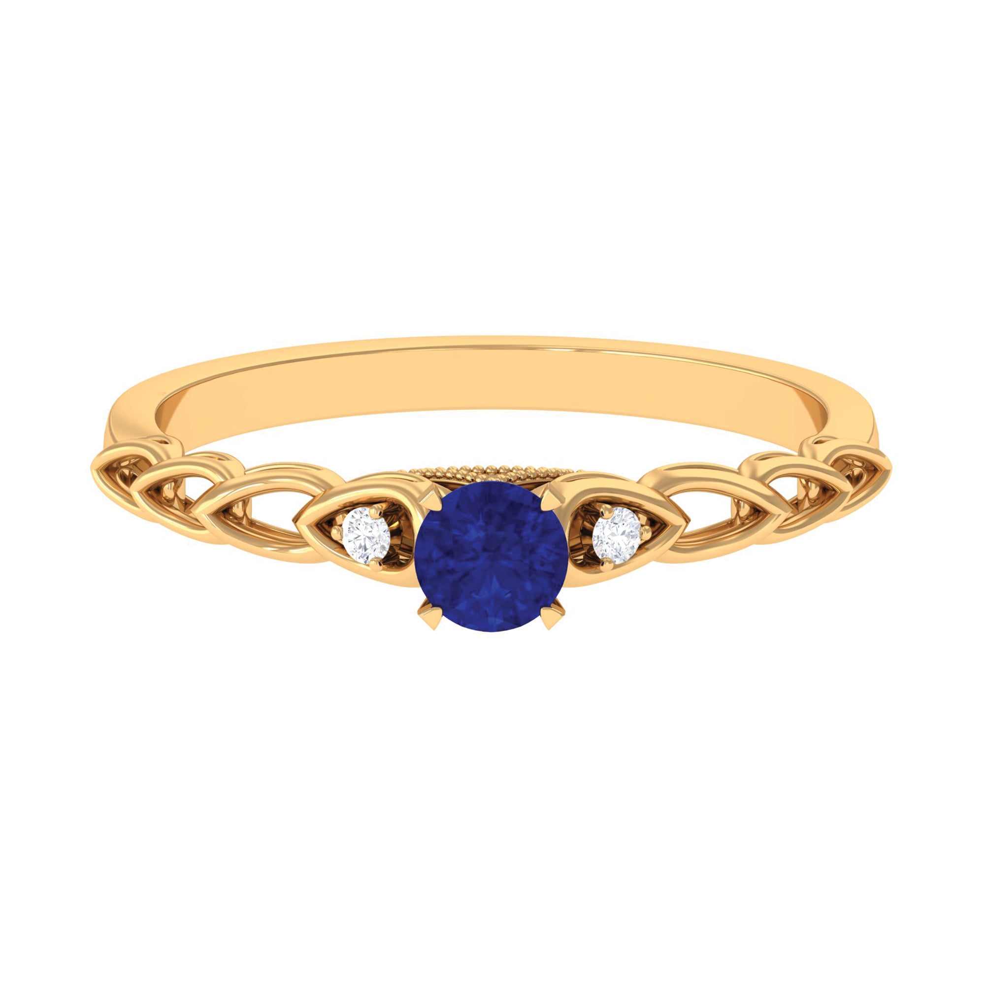 Round Created Blue Sapphire and Diamond Designer Promise Ring Lab Created Blue Sapphire - ( AAAA ) - Quality - Rosec Jewels