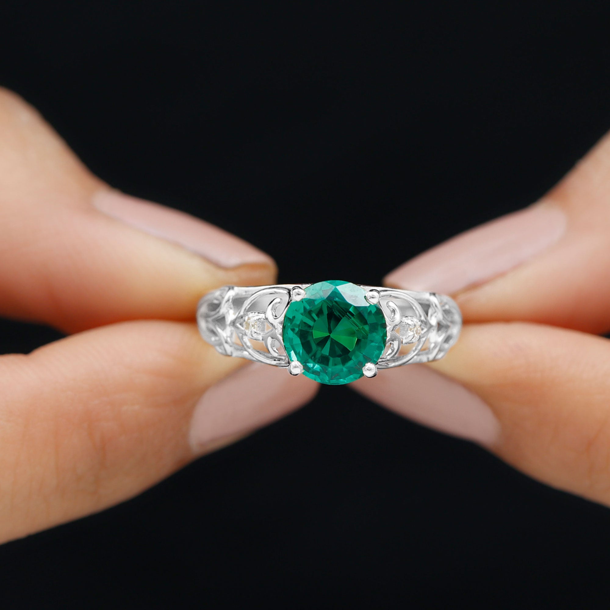 Antique Style Lab Grown Emerald and Diamond Solitaire Ring Lab Created Emerald - ( AAAA ) - Quality - Rosec Jewels