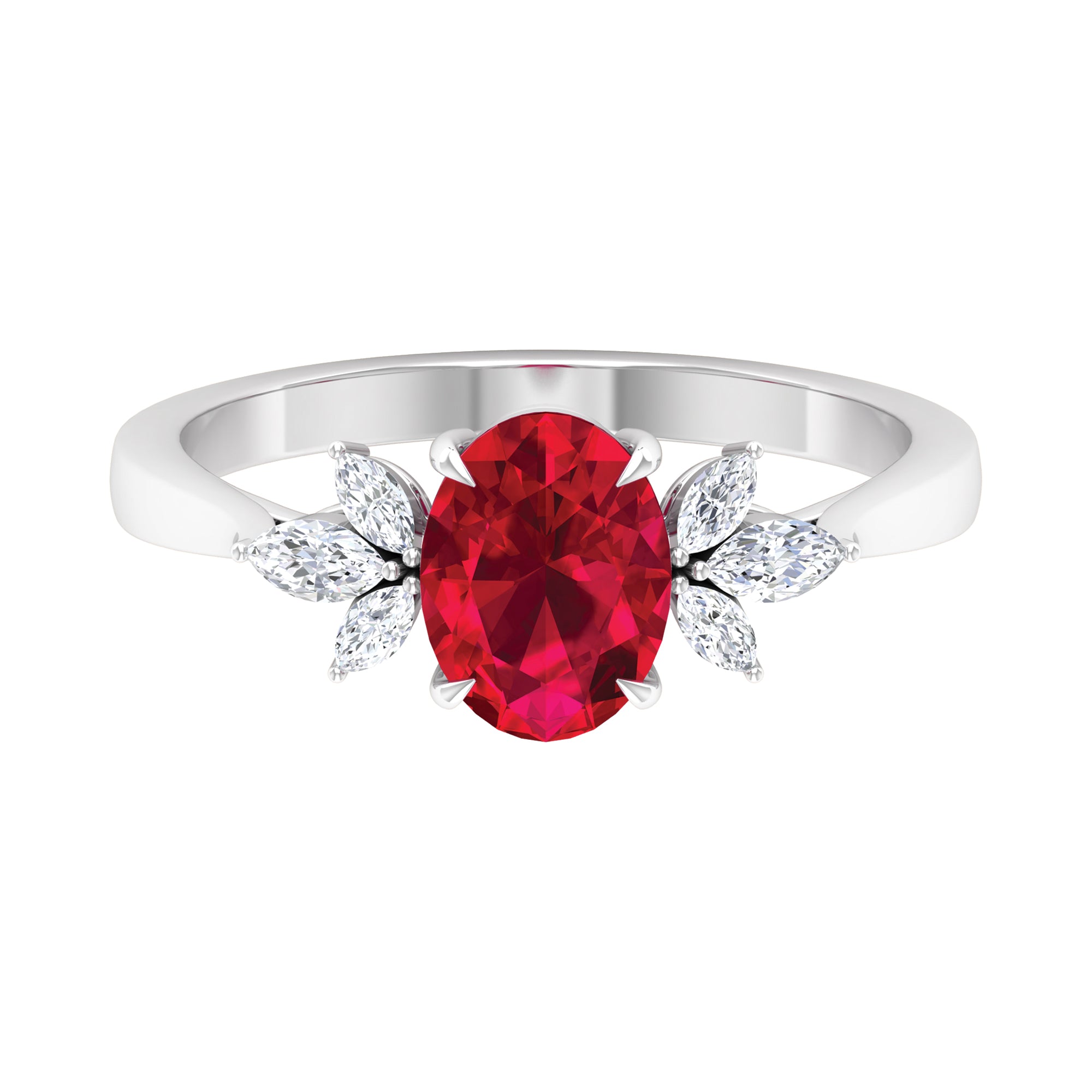 Claw Set Oval Created Ruby Solitaire Ring with Marquise Diamond Trio Lab Created Ruby - ( AAAA ) - Quality - Rosec Jewels