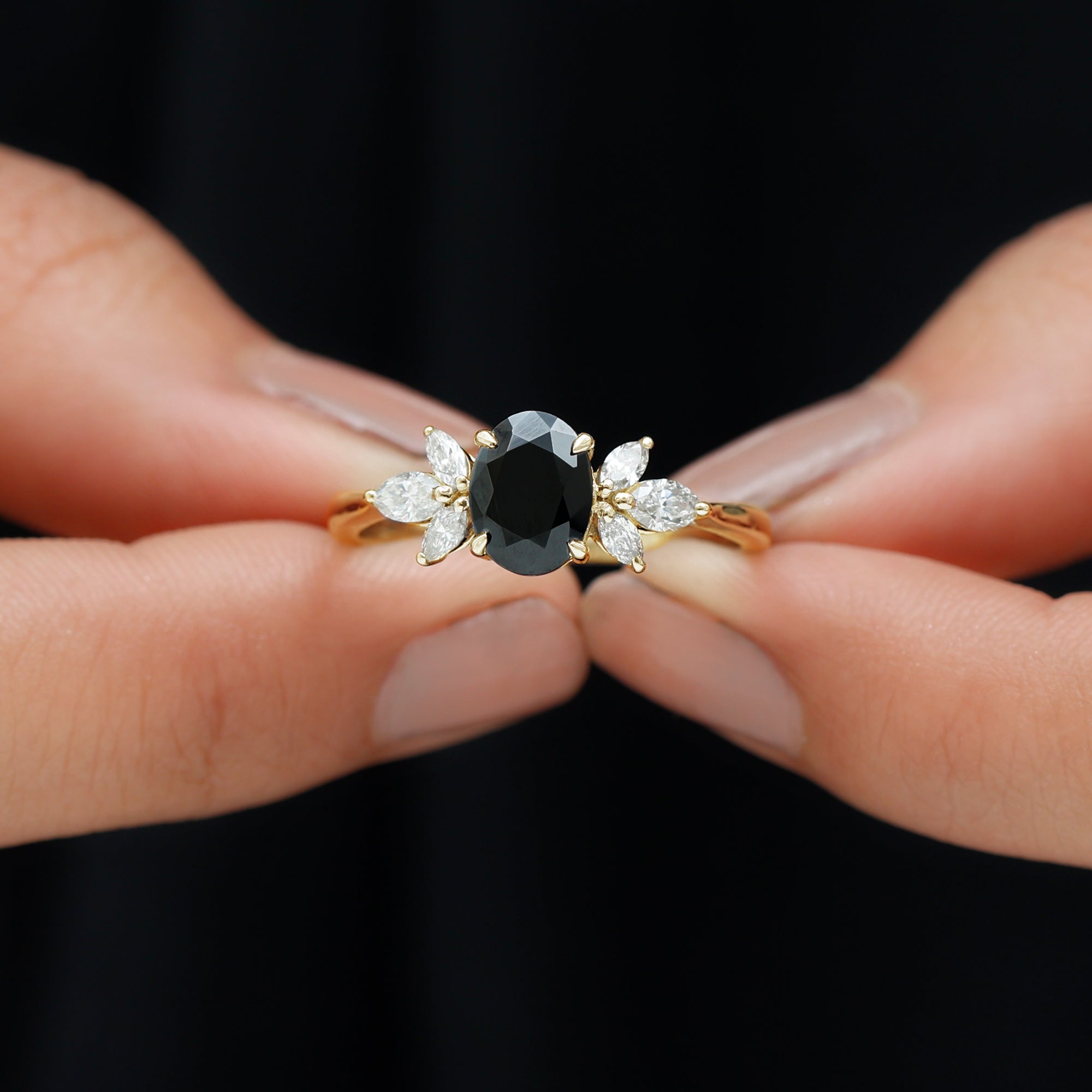 Claw Set Black Spinel Solitaire Ring with Marquise Diamond Trio Black Spinel - ( AAA ) - Quality - Rosec Jewels