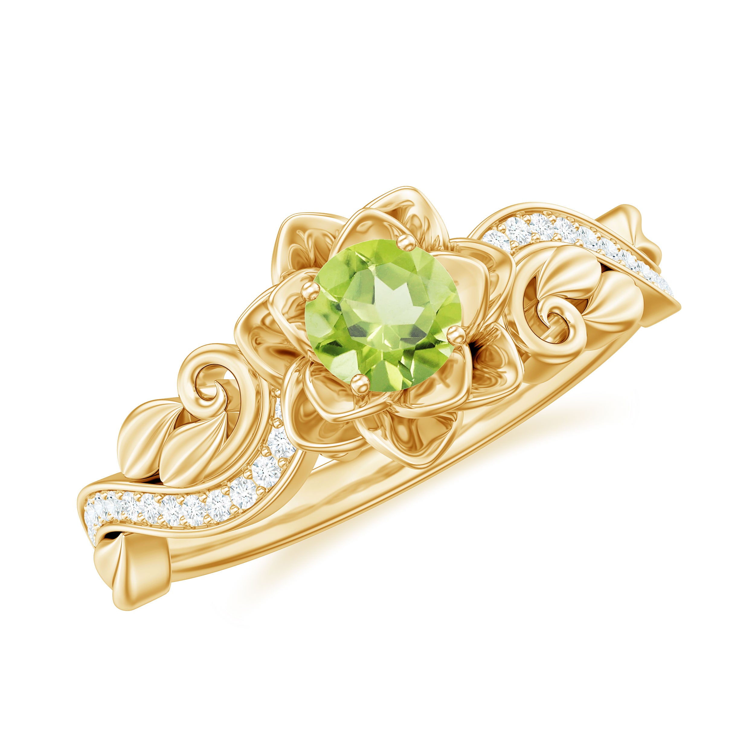 Flower Inspired Peridot and Diamond Engagement Ring Peridot - ( AAA ) - Quality - Rosec Jewels