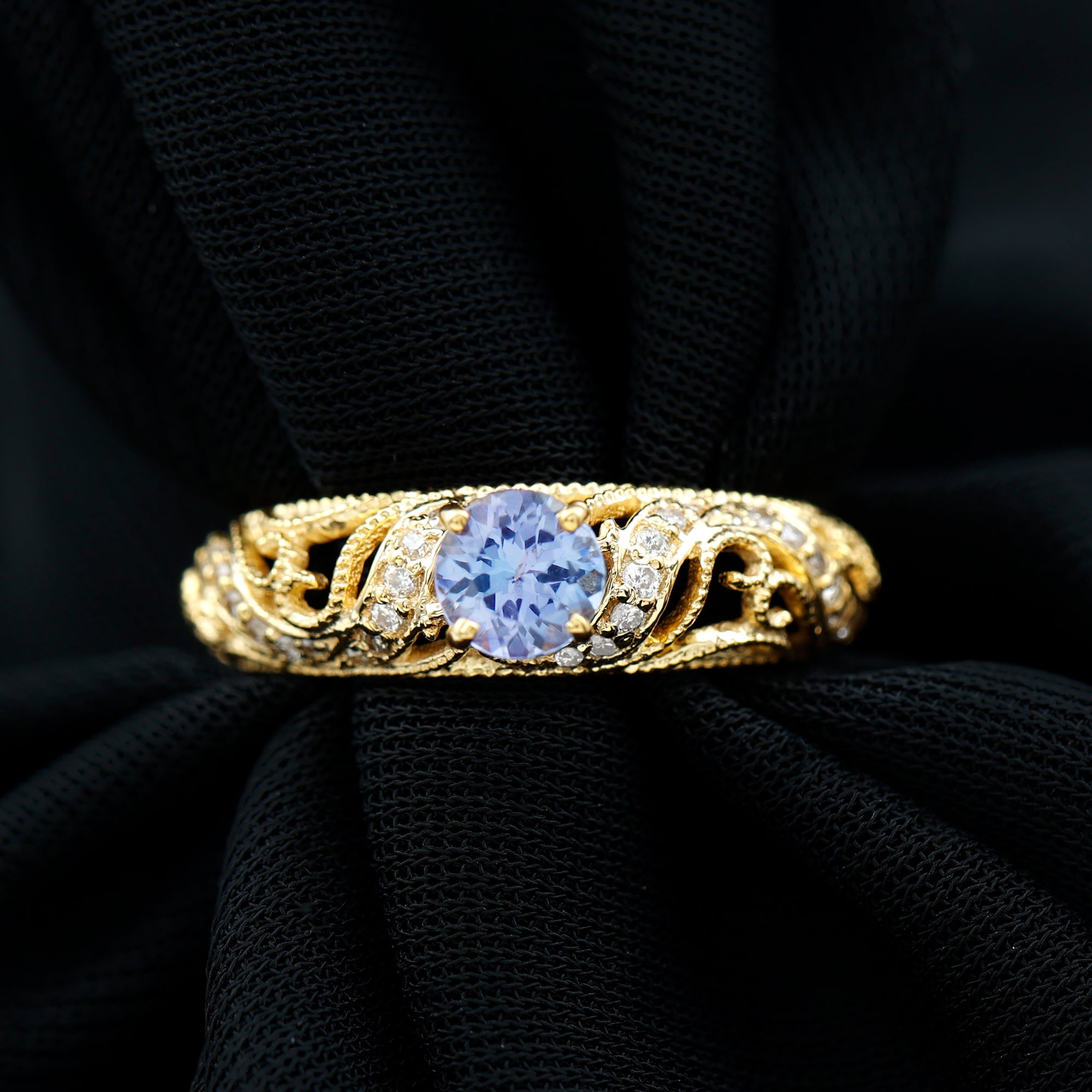 Round Tanzanite Vintage Inspired Engagement Ring with Diamond Tanzanite - ( AAA ) - Quality - Rosec Jewels