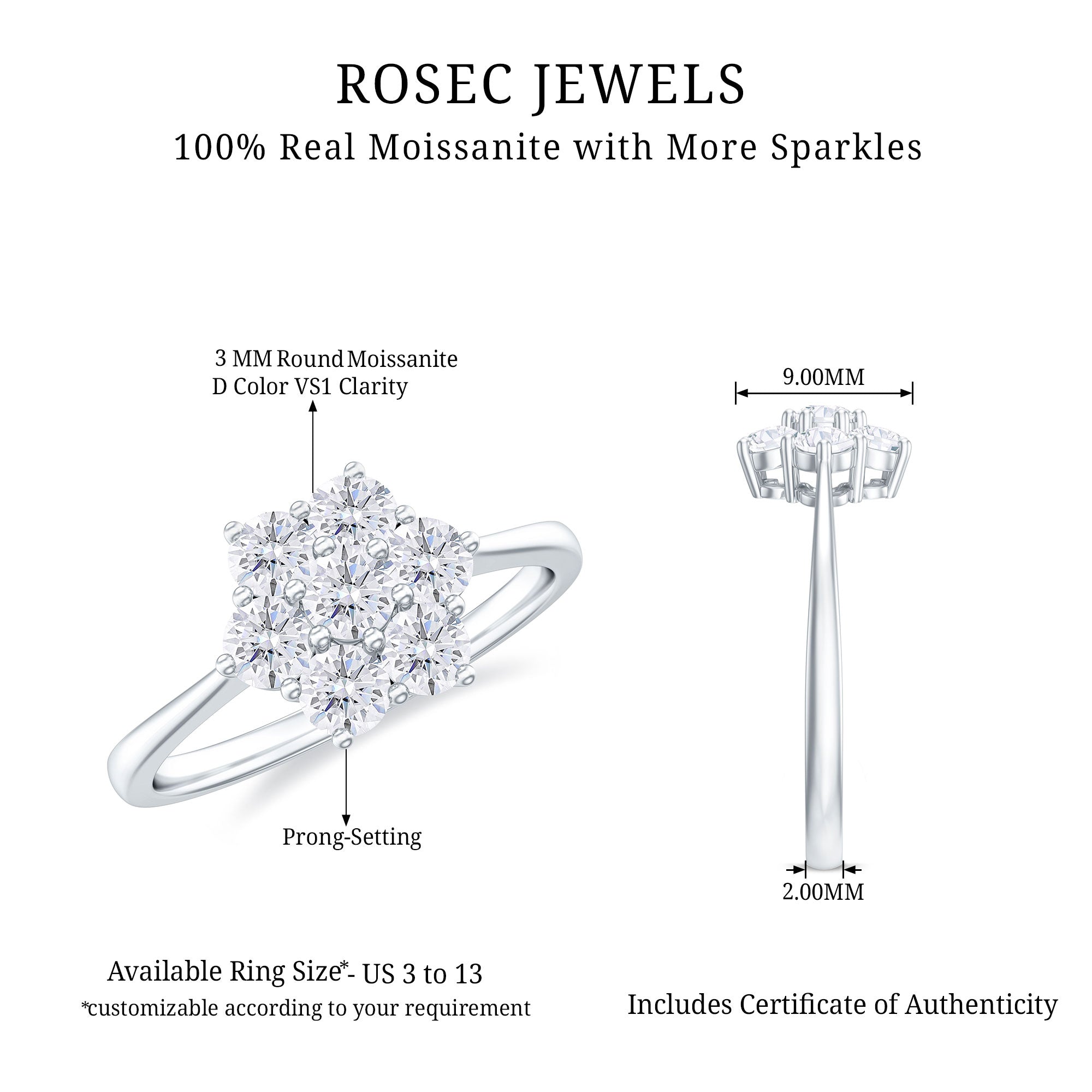 3/4 CT Round Shape Moissanite Cluster Flower Ring Moissanite - ( D-VS1 ) - Color and Clarity - Rosec Jewels