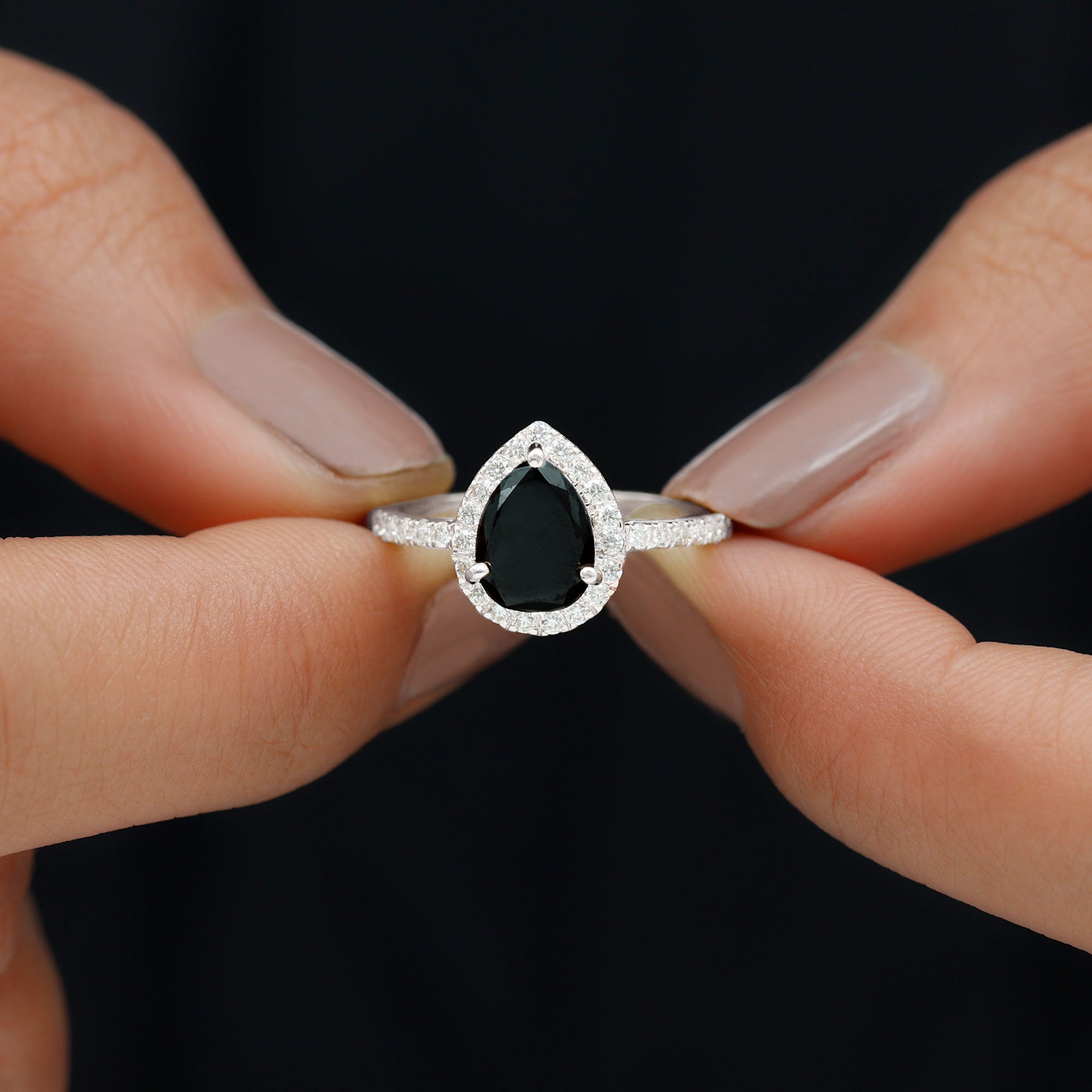 Created Black Diamond and Diamond Halo Engagement Ring Lab Created Black Diamond AAAA Quality 92.5 Sterling Silver