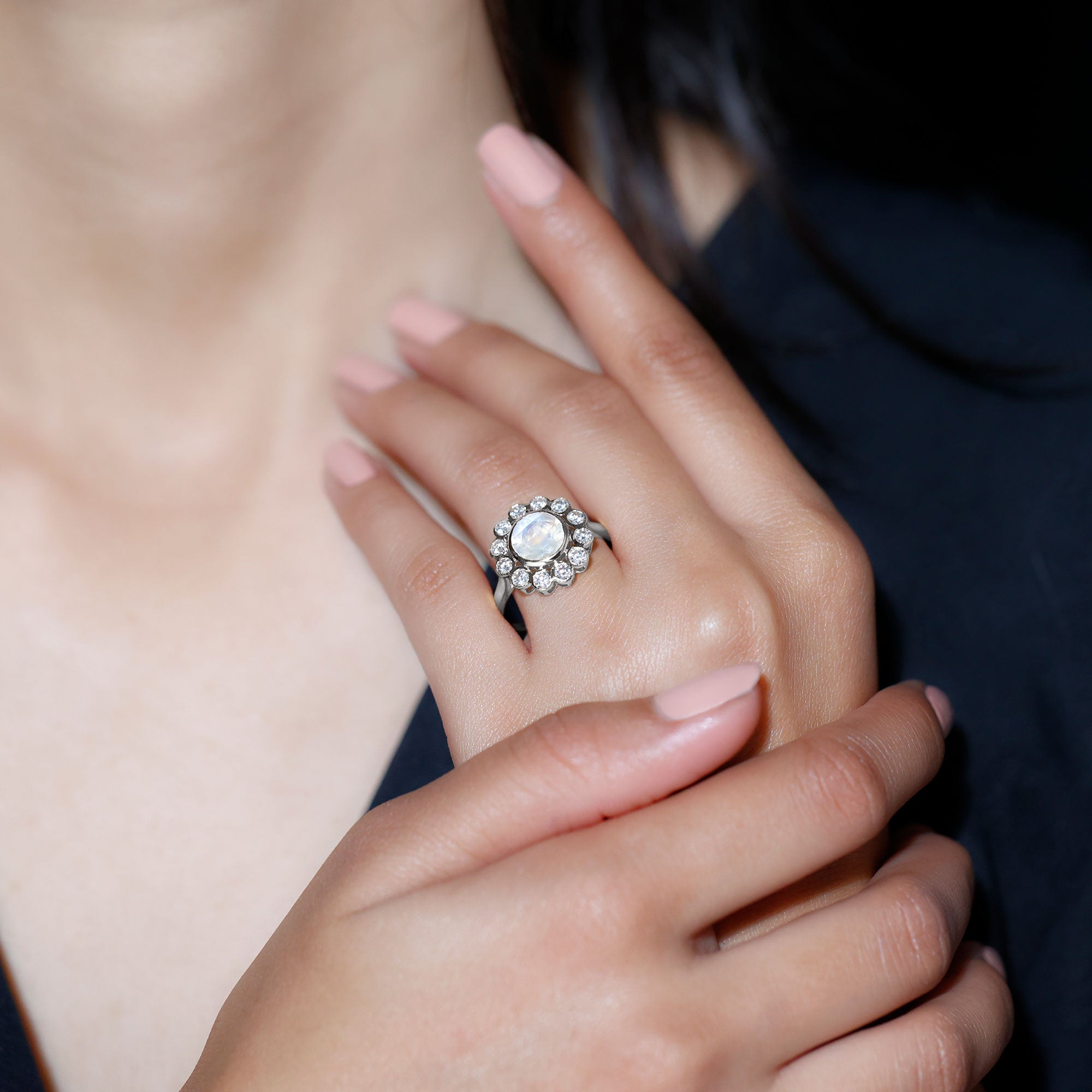 1.75 CT Round Moonstone and Diamond Statement Halo Ring in Bezel Setting Moonstone - ( AAA ) - Quality - Rosec Jewels