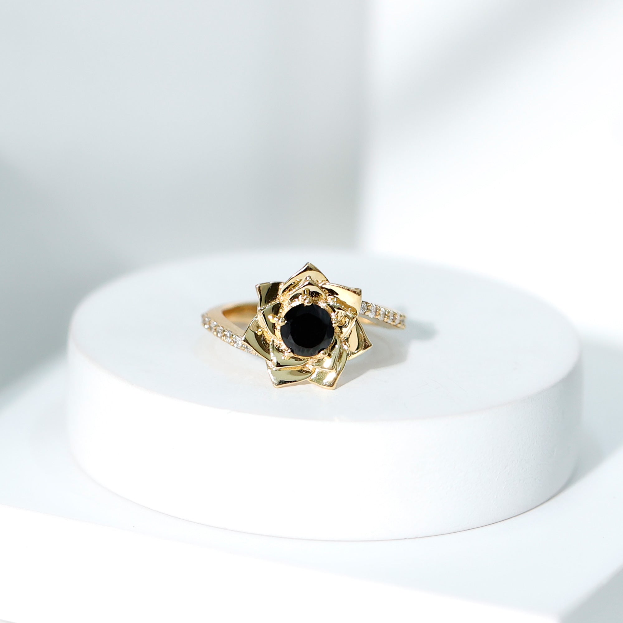 Black Onyx and Diamond Flower Engagement Ring with Bypass Shank Black Onyx - ( AAA ) - Quality - Rosec Jewels