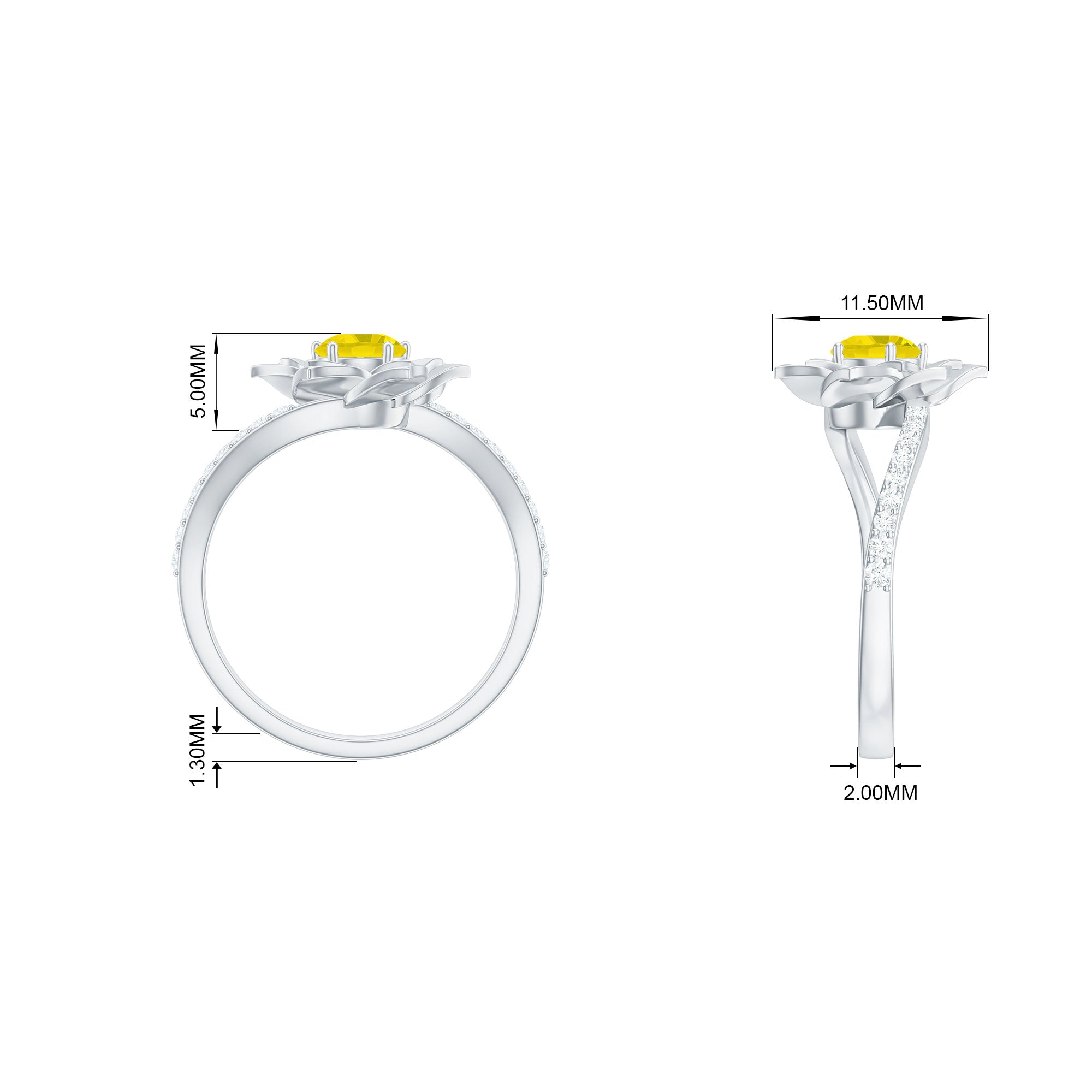 Round Yellow Sapphire Flower Bypass Ring with Diamond Yellow Sapphire - ( AAA ) - Quality - Rosec Jewels