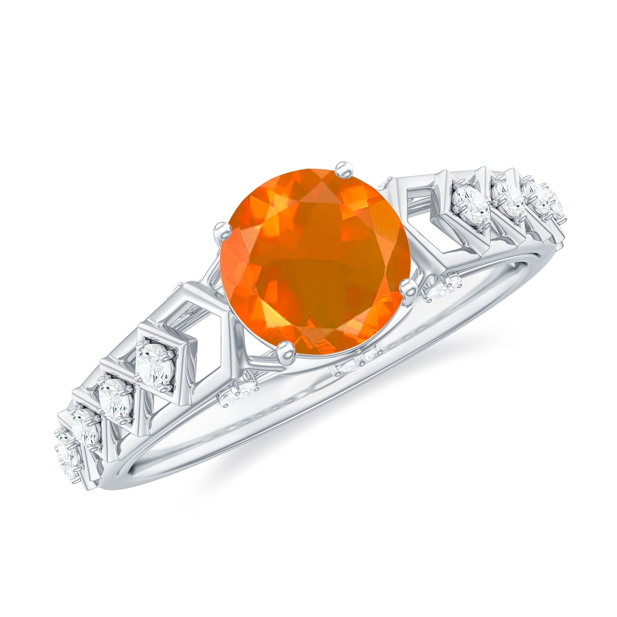 1 CT Solitaire Fire Opal and Diamond Art Deco Engagement Ring Fire Opal - ( AAA ) - Quality - Rosec Jewels