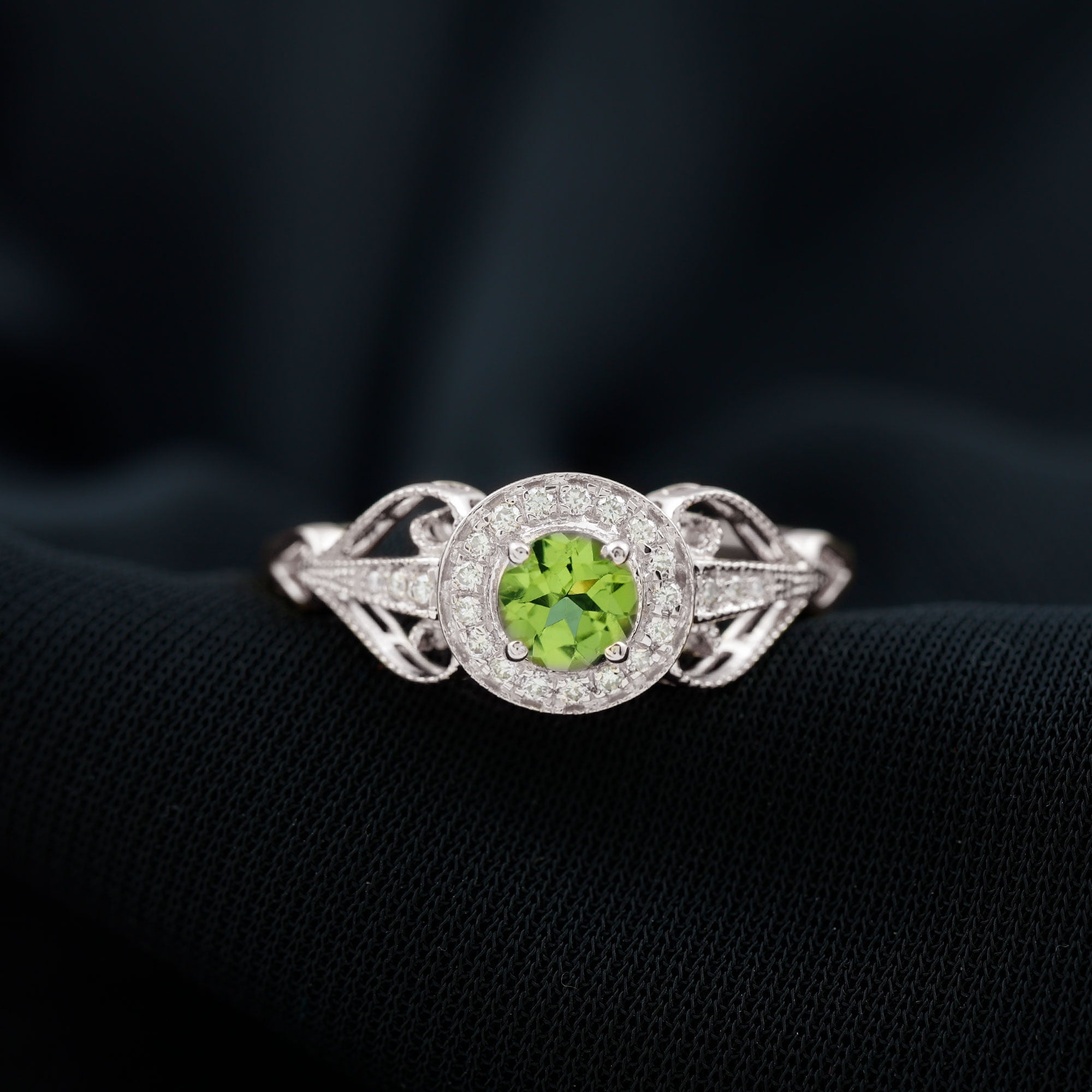 Vintage Inspired Peridot and Diamond Engagement Ring with Gold Beaded Peridot - ( AAA ) - Quality - Rosec Jewels