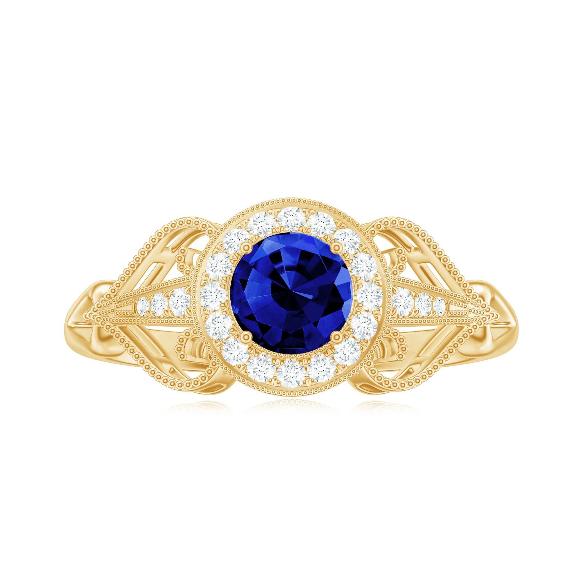 Vintage Created Blue Sapphire Diamond Beaded Engagement Ring Lab Created Blue Sapphire - ( AAAA ) - Quality - Rosec Jewels