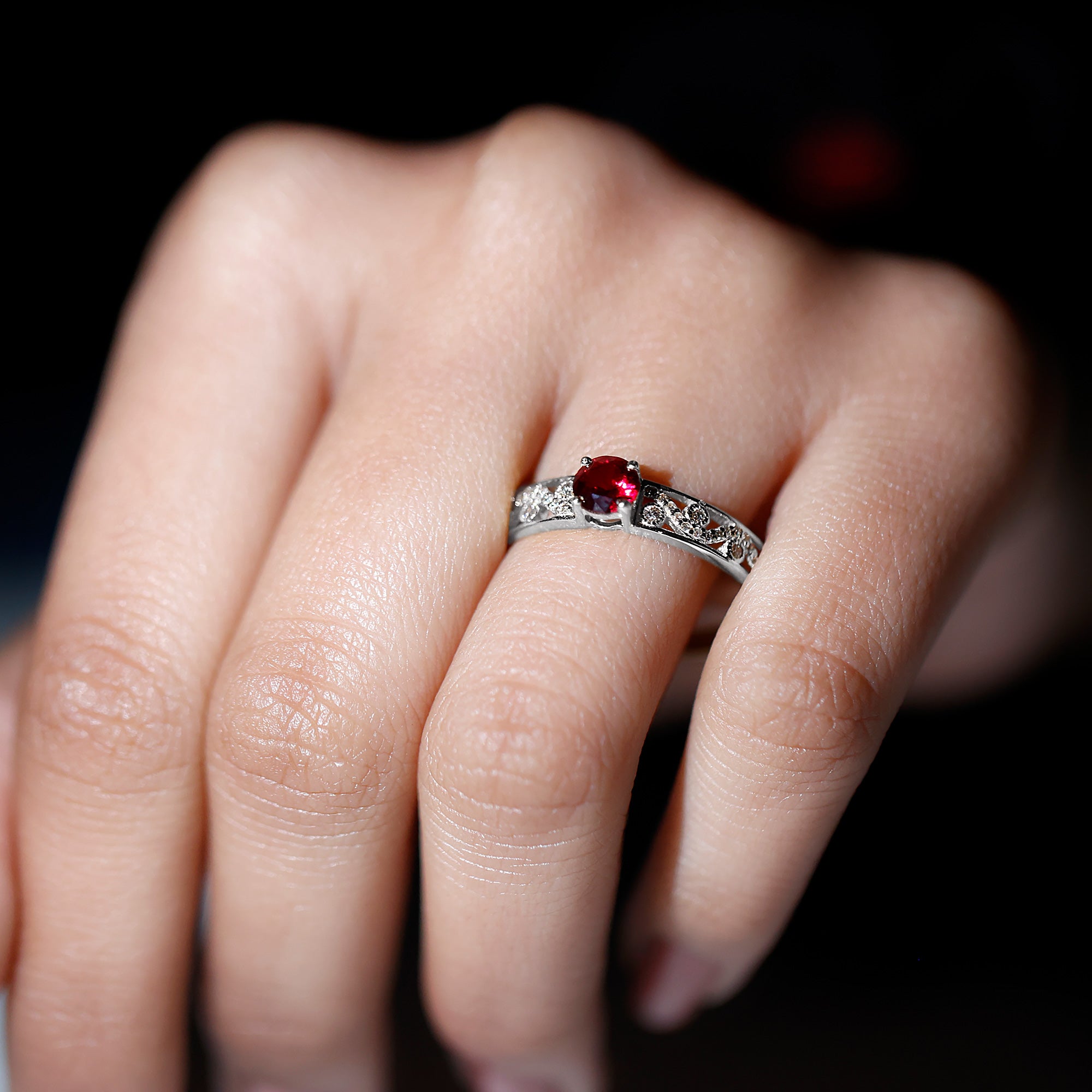 Designer Solitaire Engagement Ring with Lab Grown Ruby and Diamond Lab Created Ruby - ( AAAA ) - Quality - Rosec Jewels