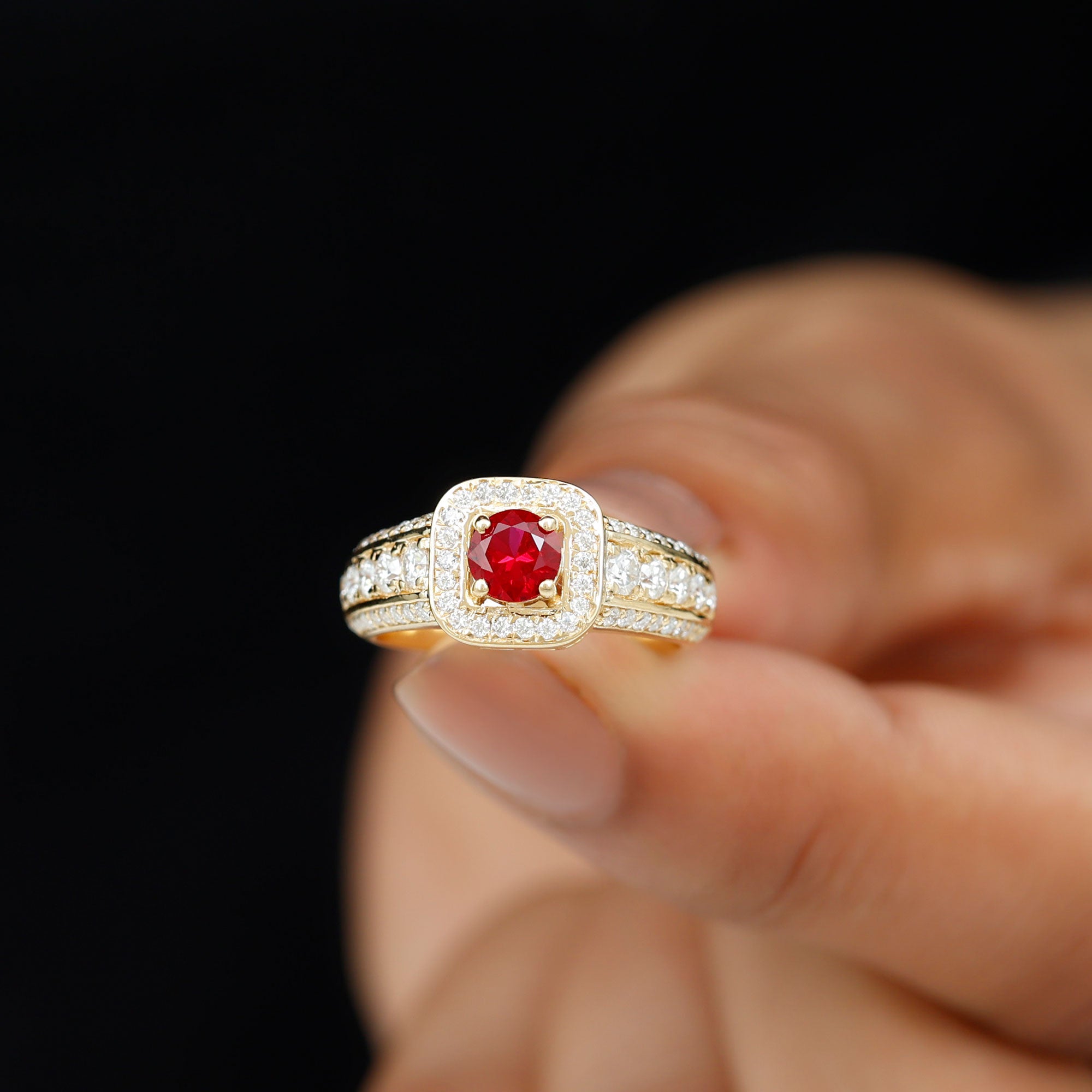 Lab Grown Ruby and Moissanite Halo Engagement Ring Lab Created Ruby - ( AAAA ) - Quality - Rosec Jewels