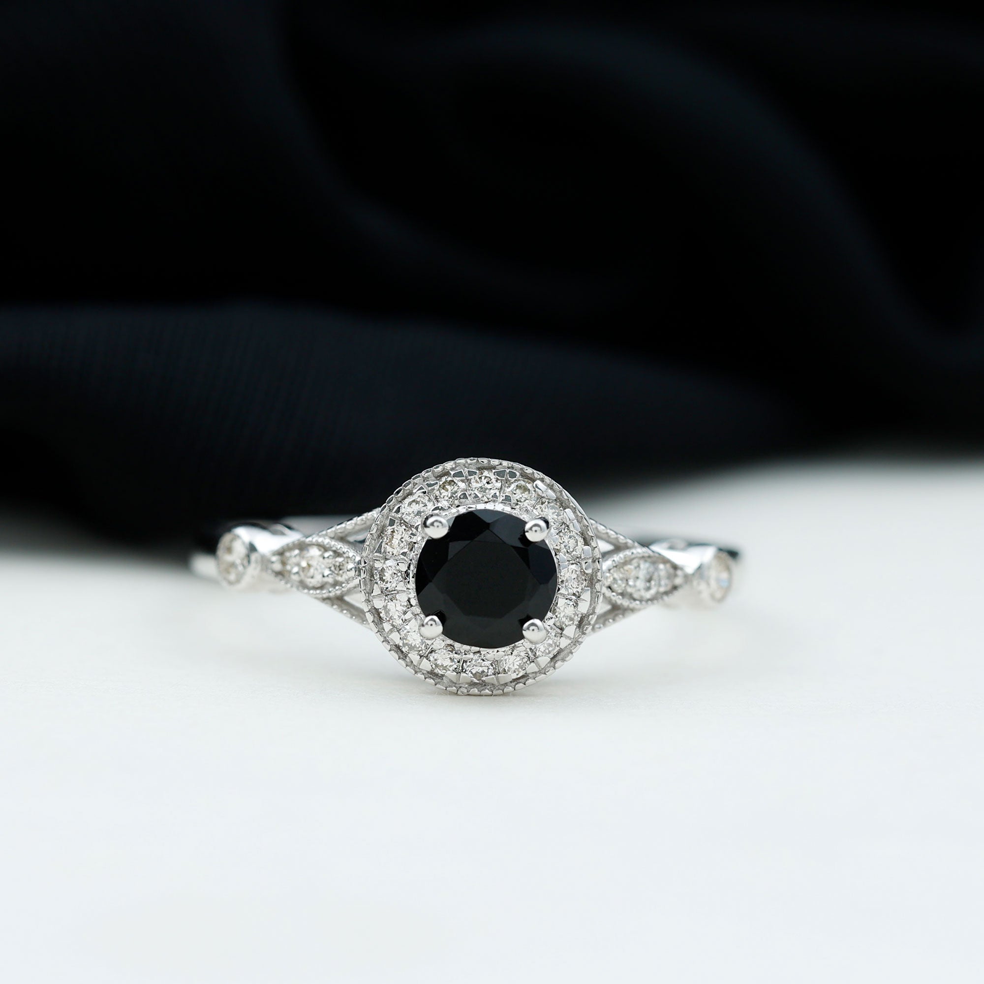 Black Onyx and Diamond Antique Style Engagement Ring in Gold Black Onyx - ( AAA ) - Quality - Rosec Jewels