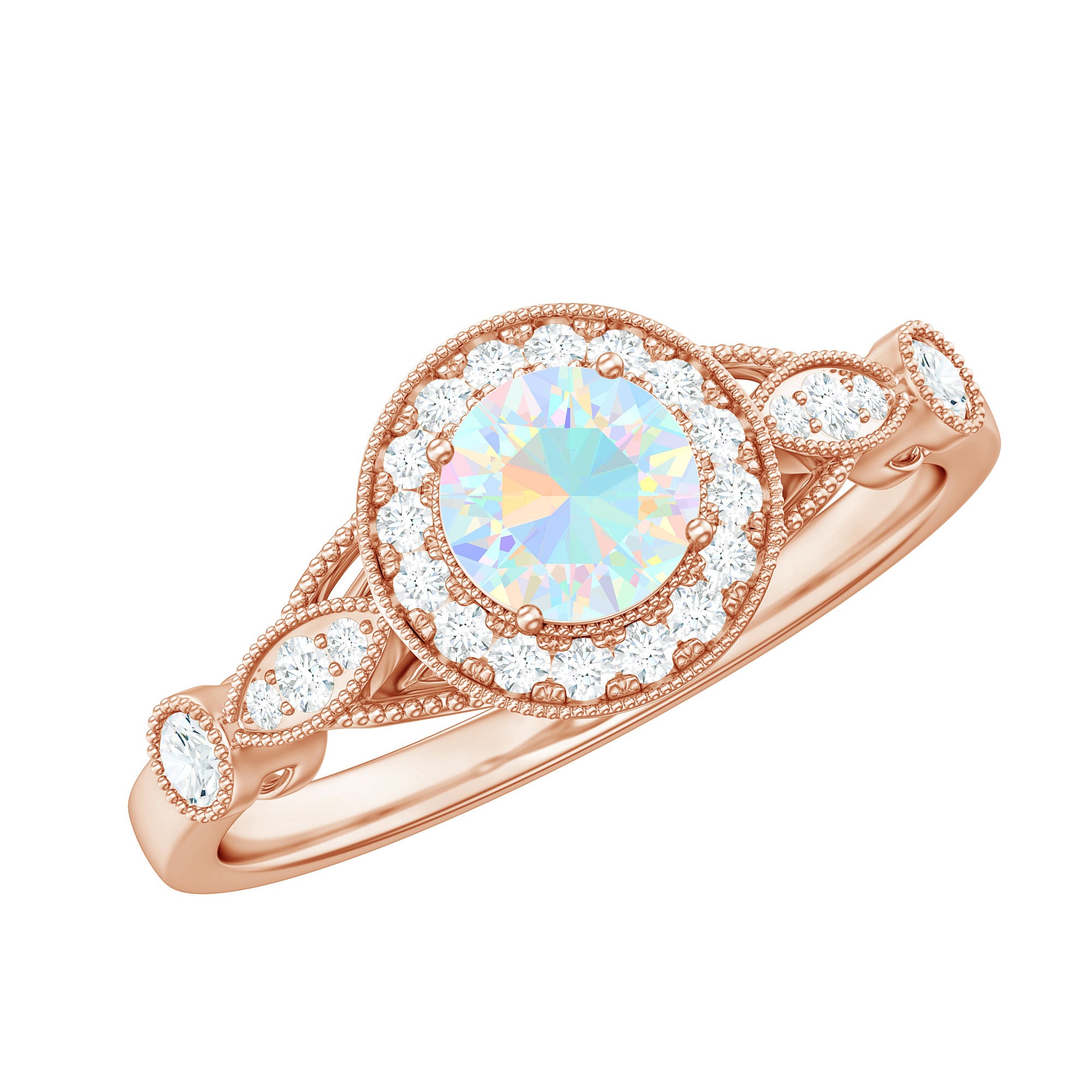 1 CT Antique Ethiopian Opal and Diamond Engagement Ring with Milgrain Details Ethiopian Opal - ( AAA ) - Quality - Rosec Jewels