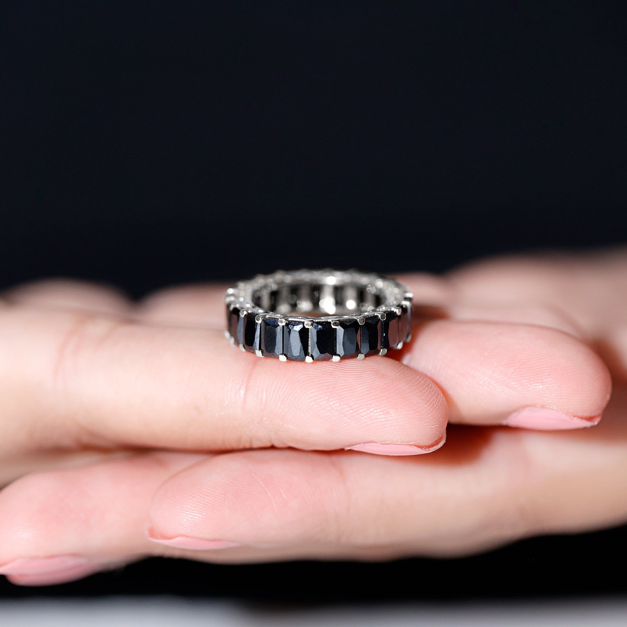 Emerald Cut Black Onyx Full Eternity Ring in Shared Prong Setting Black Onyx - ( AAA ) - Quality - Rosec Jewels