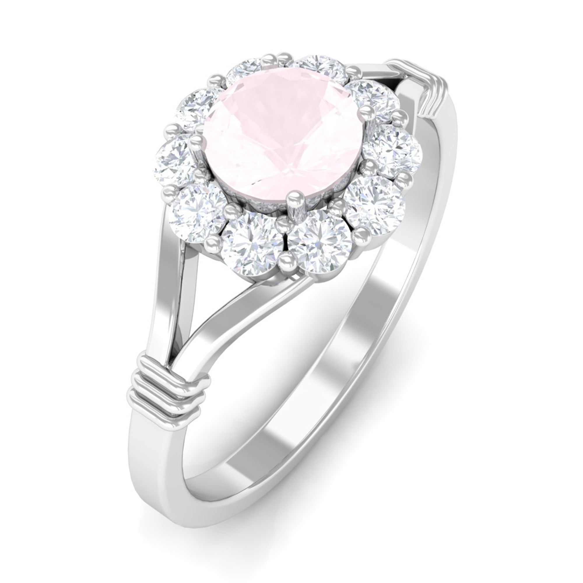 1 CT Rose Quartz Flower Engagement Ring with Diamond Halo in Split Shank Rose Quartz - ( AAA ) - Quality - Rosec Jewels