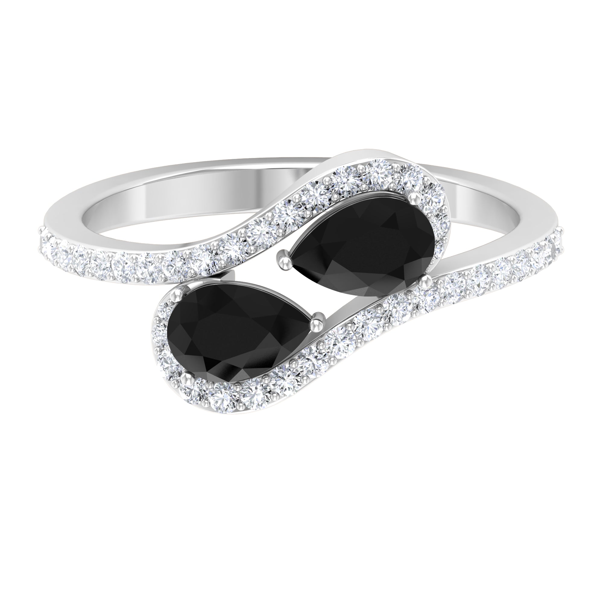 Pear Shape Black Onyx and Diamond Bypass Engagement Ring Black Onyx - ( AAA ) - Quality - Rosec Jewels