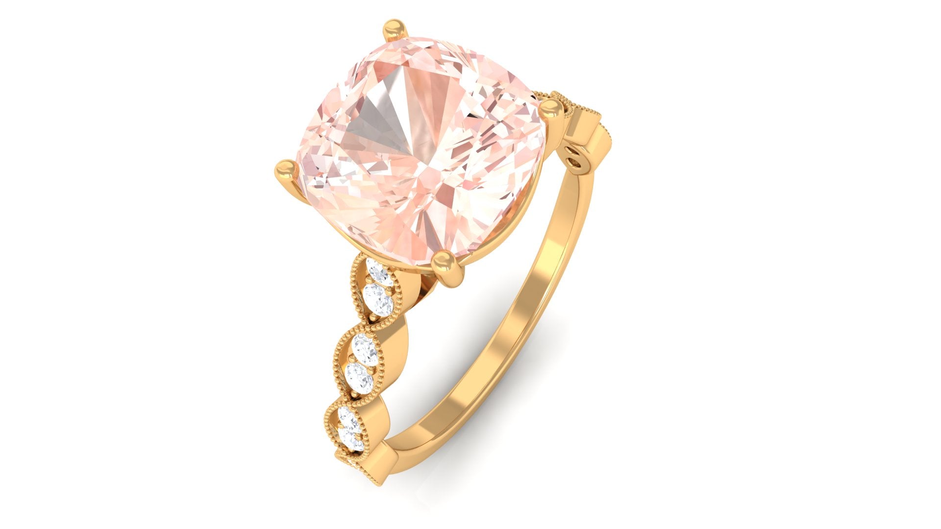 Cushion Cut Morganite Engagement Ring with Moissanite and Gold Milgrain Morganite - ( AAA ) - Quality - Rosec Jewels