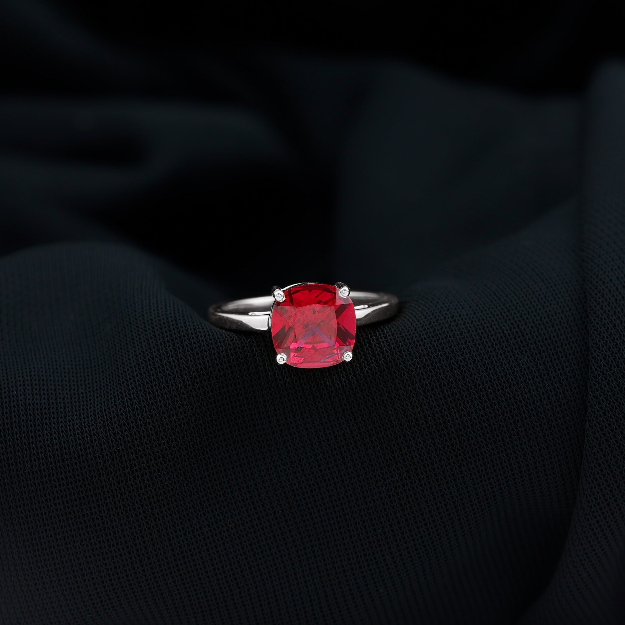 8 MM Cushion Cut Created Ruby Solitaire Ring Lab Created Ruby - ( AAAA ) - Quality - Rosec Jewels