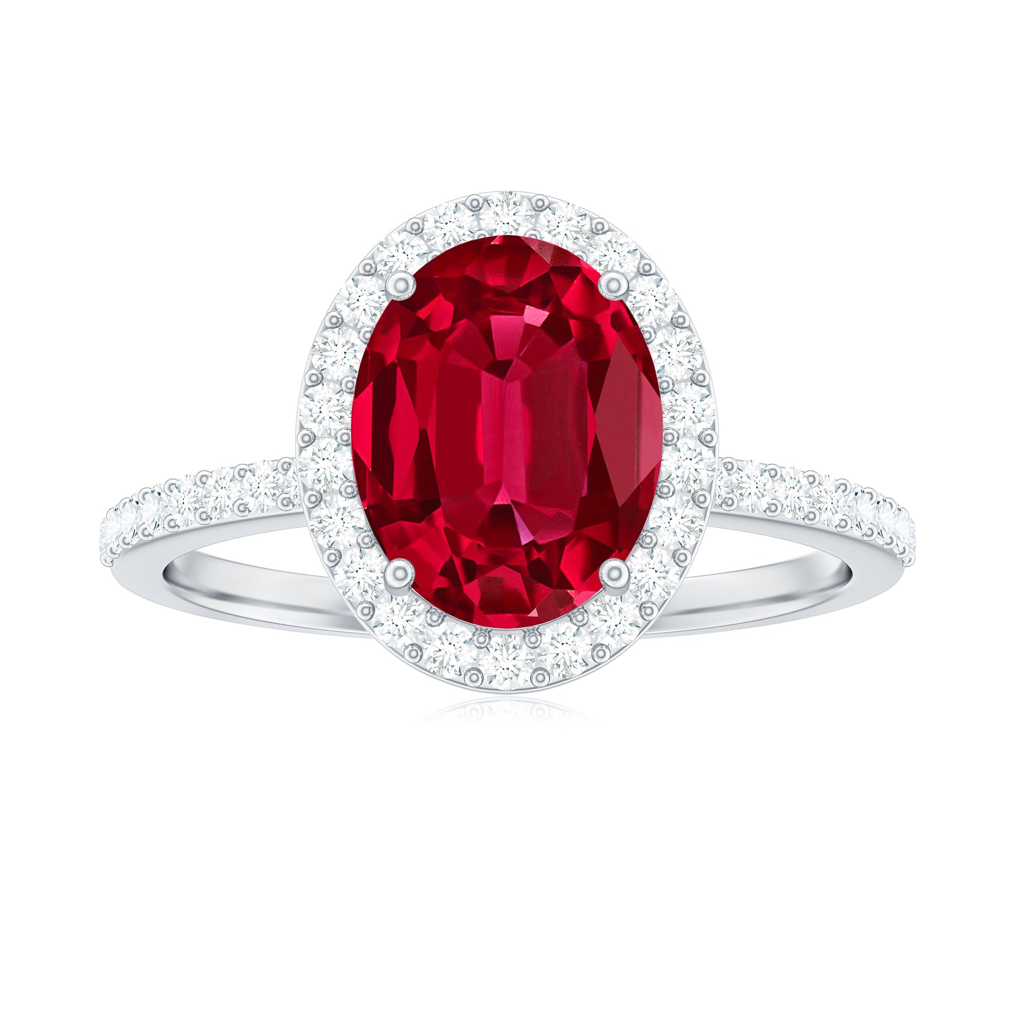 Certified Lab Grown Ruby Oval Engagement Ring With Moissanite Halo Lab Created Ruby - ( AAAA ) - Quality - Rosec Jewels