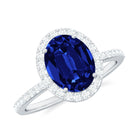 Oval Cut Created Blue Sapphire and Diamond Halo Engagement Ring Lab Created Blue Sapphire - ( AAAA ) - Quality - Rosec Jewels