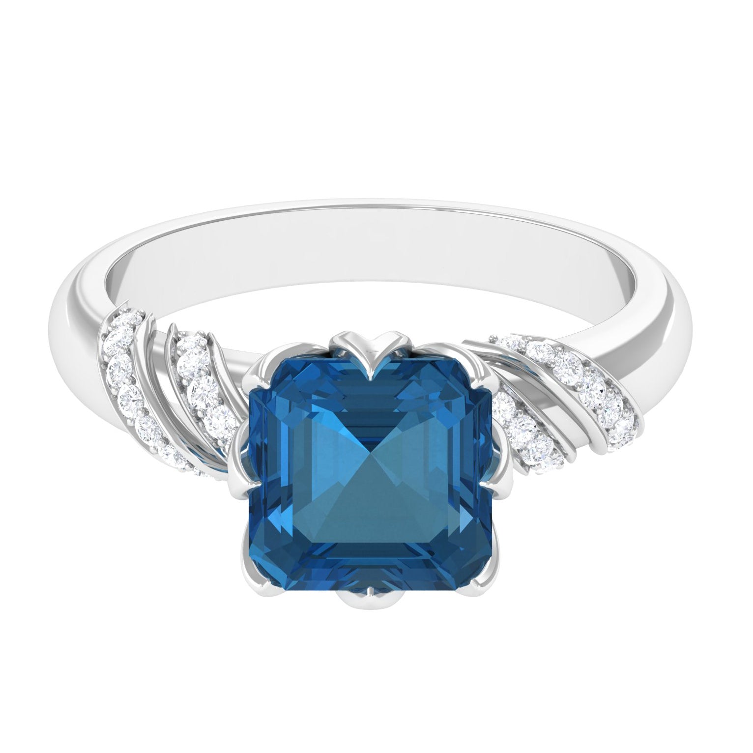 Asscher Cut London Blue Topaz Designer Engagement Ring with Diamond London Blue Topaz - ( AAA ) - Quality - Rosec Jewels