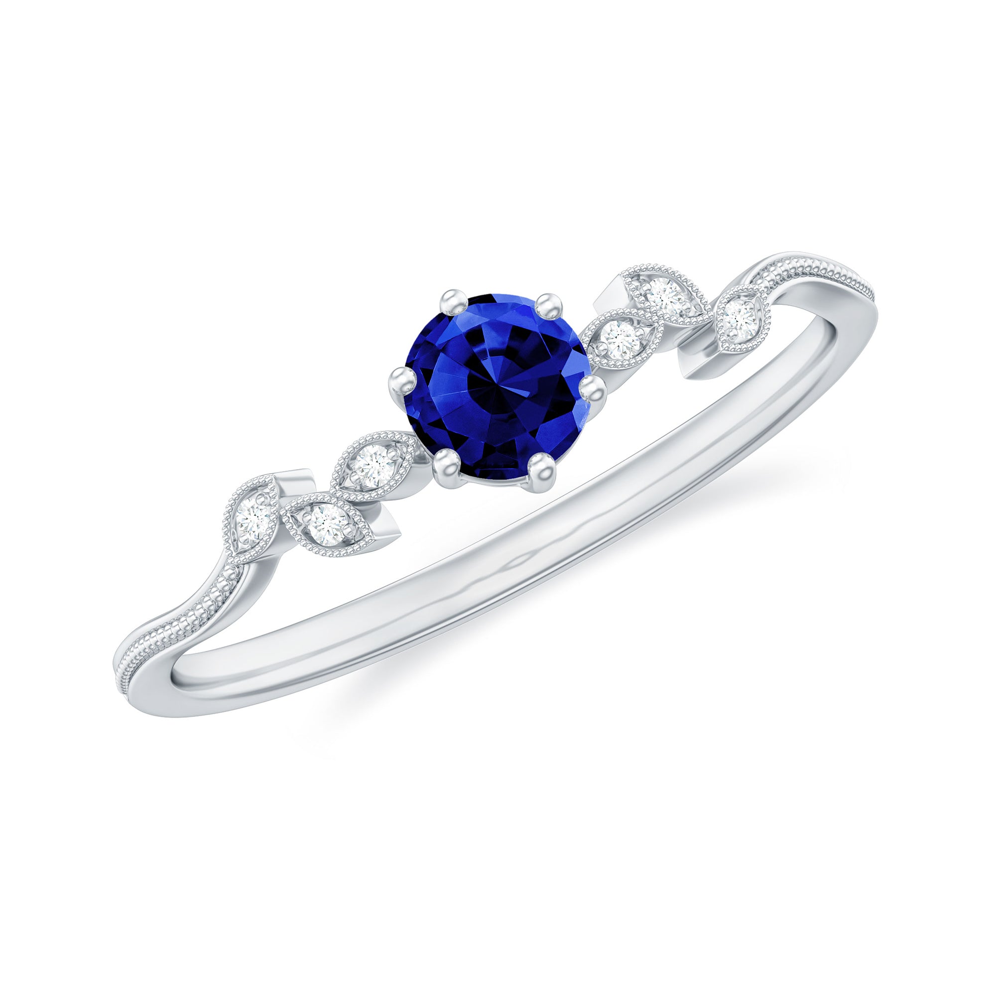 Round Created Blue Sapphire Minimal Leaf Promise Ring with Diamond in Gold Lab Created Blue Sapphire - ( AAAA ) - Quality - Rosec Jewels